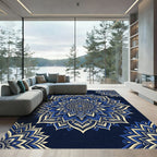 Deep Blue Cream Lotus Mandala Rug