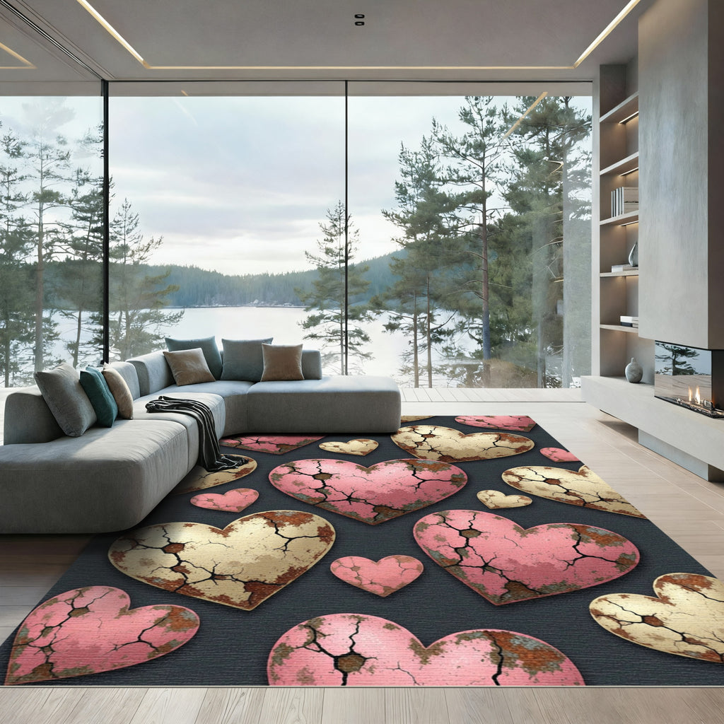 Distressed Pink and Gold Heart Collage Rug
