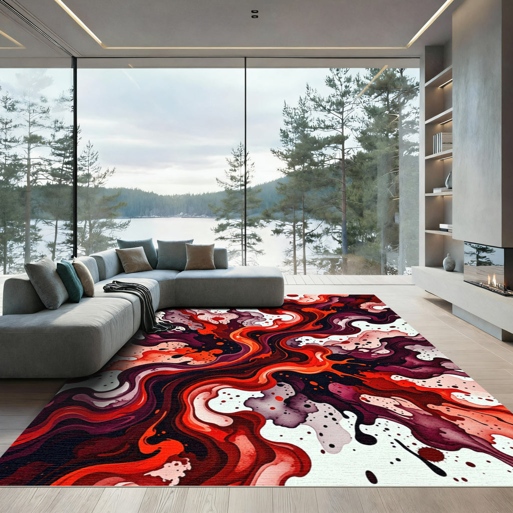 Vibrant Crimson Liquid Abstract Wave Rug