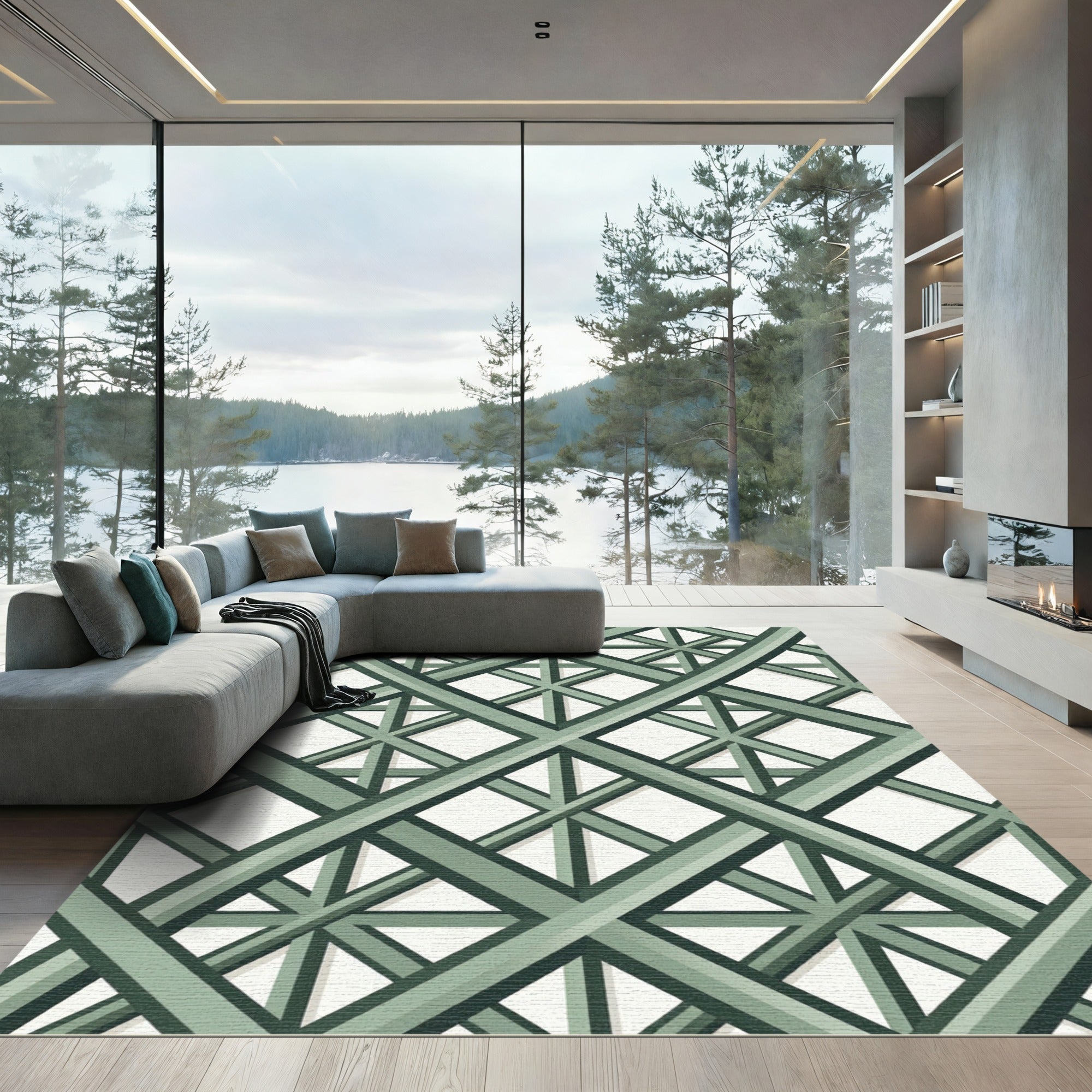 Sage Green Intersecting Geometric Lattice Rug