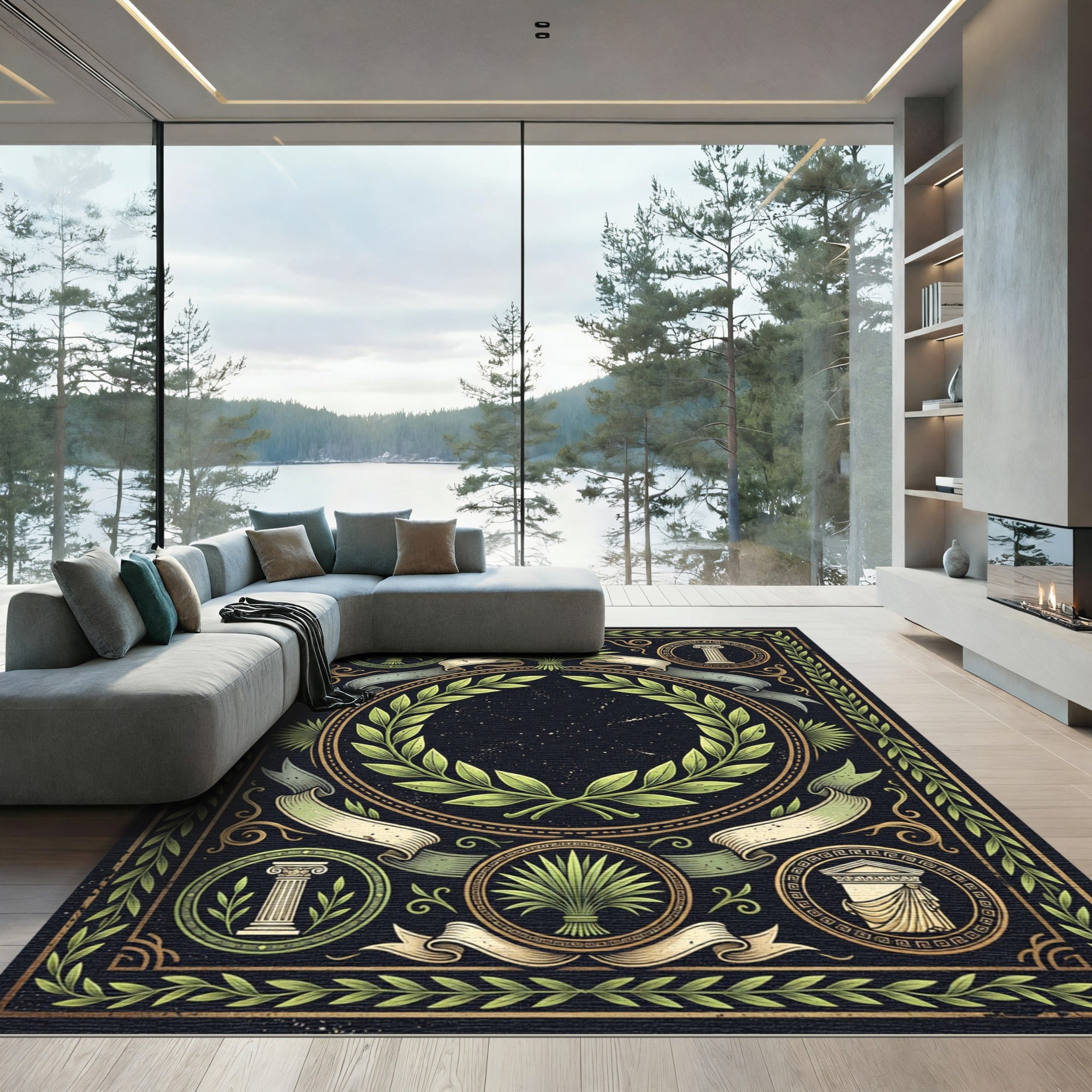 Neoclassical Olive Green Laurel Wreath Rug