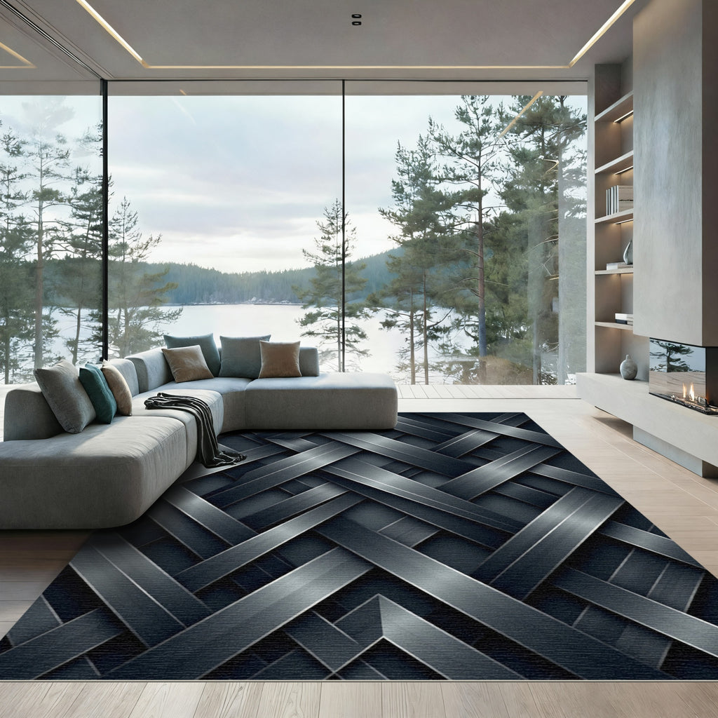 Dark Gray Woven Intersecting Bands Rug