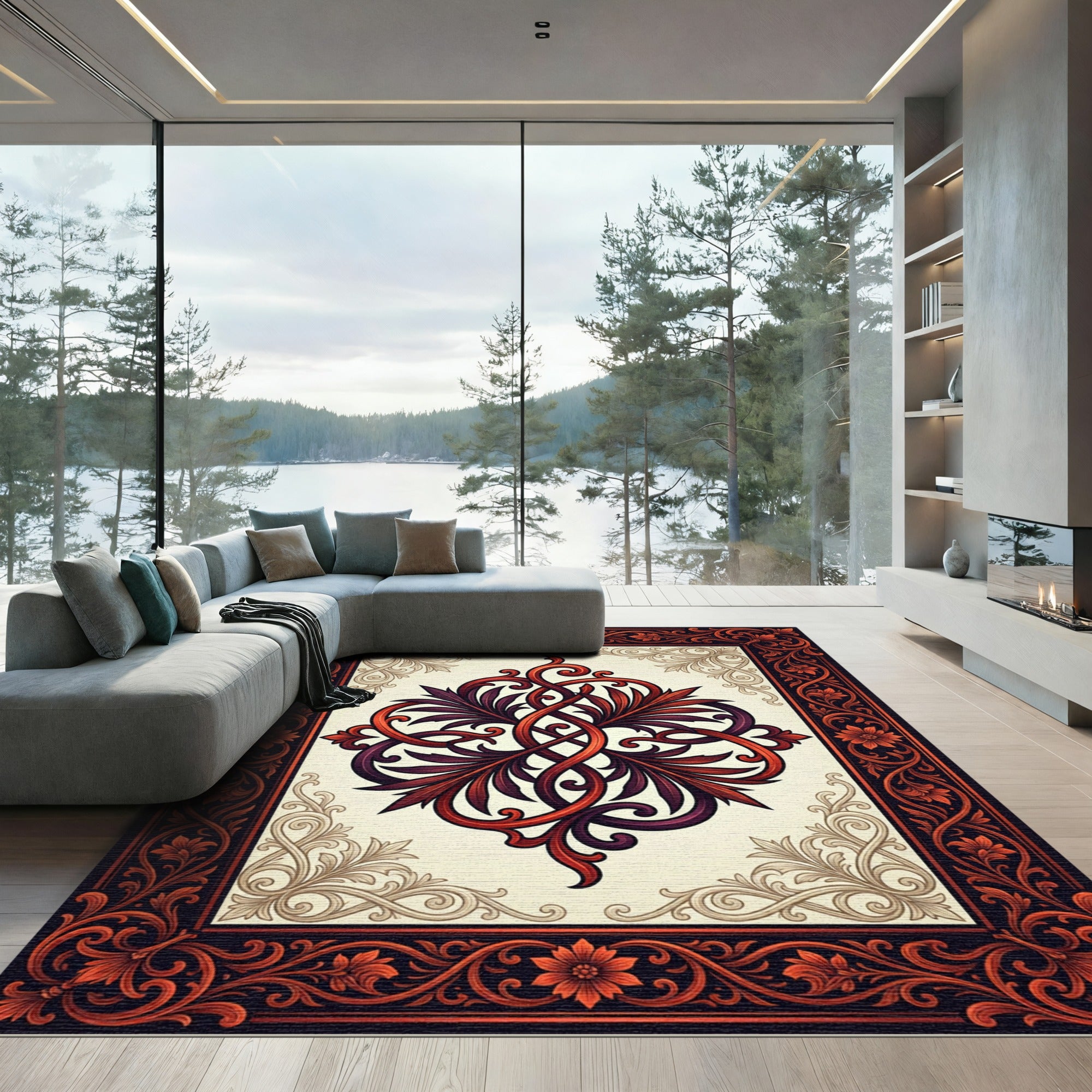 Ornate Crimson Acanthus Interlocking Scroll Rug