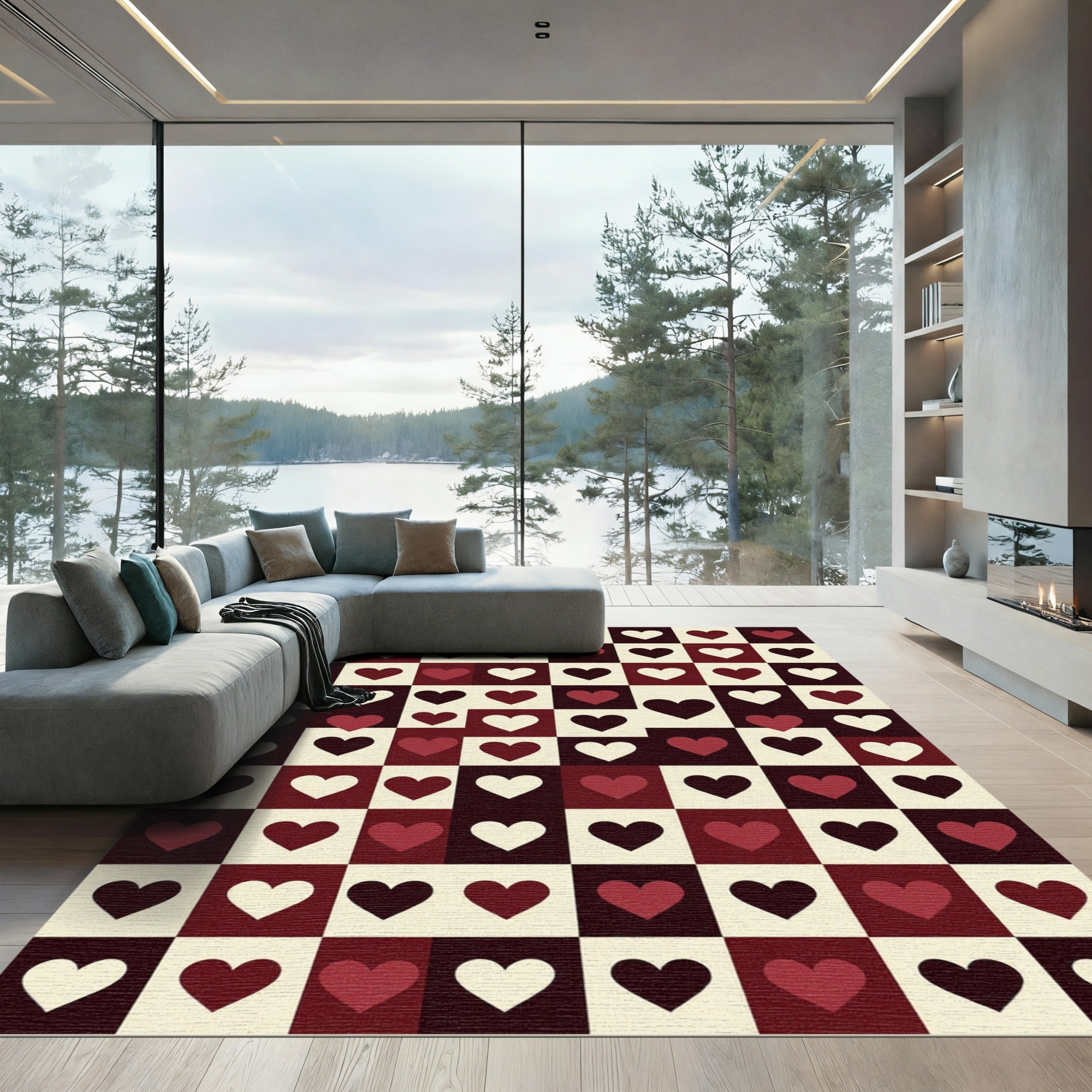 Checkerboard Crimson Heart Squares Rug