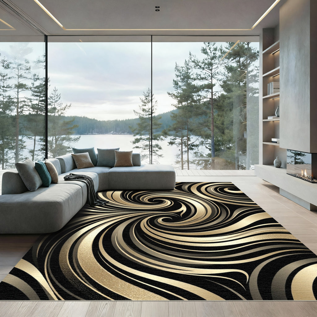 Elegant Black Golden Swirl Abstract Rug