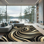 Elegant Black Golden Swirl Abstract Rug