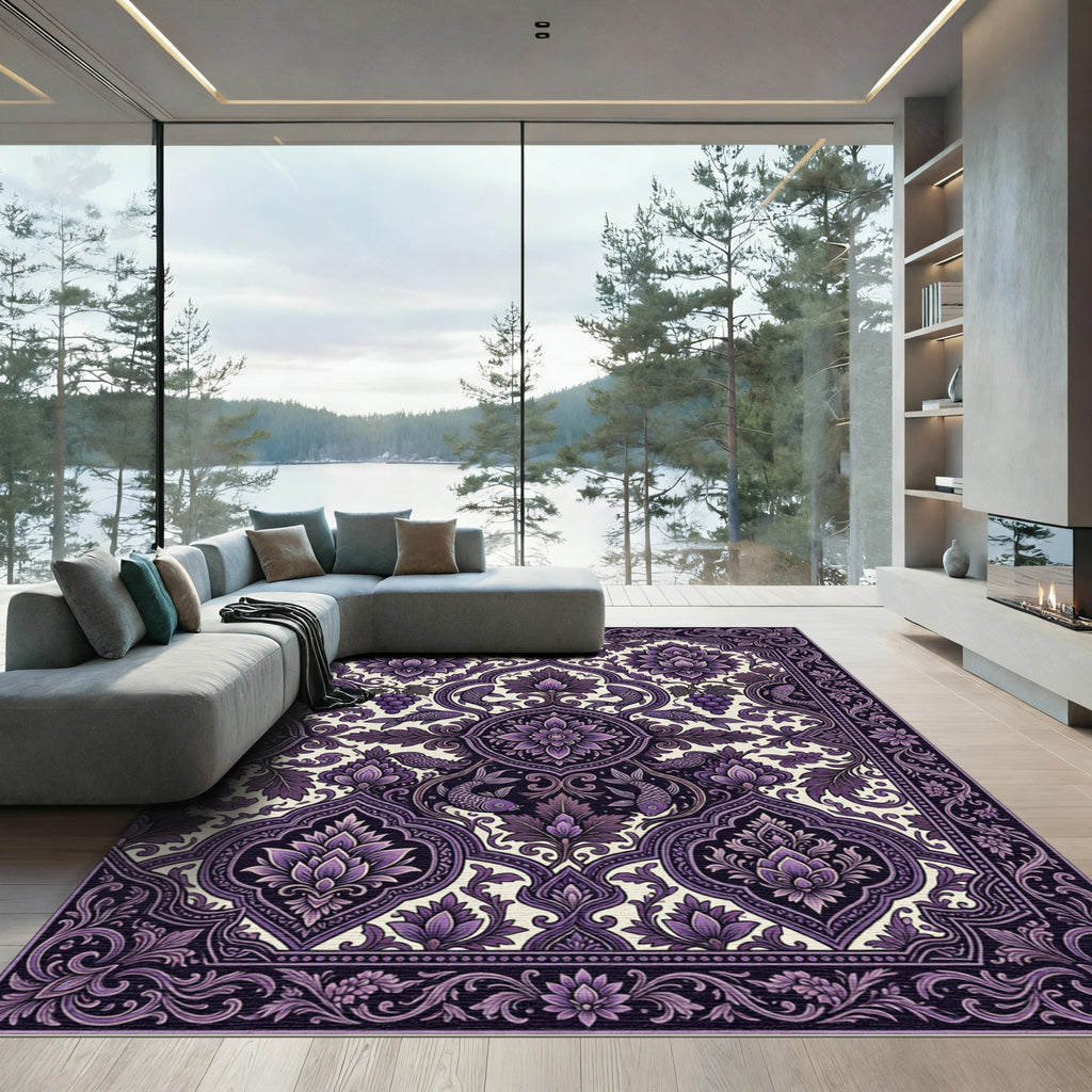 Rich Amethyst Floral Fish Medallion Rug