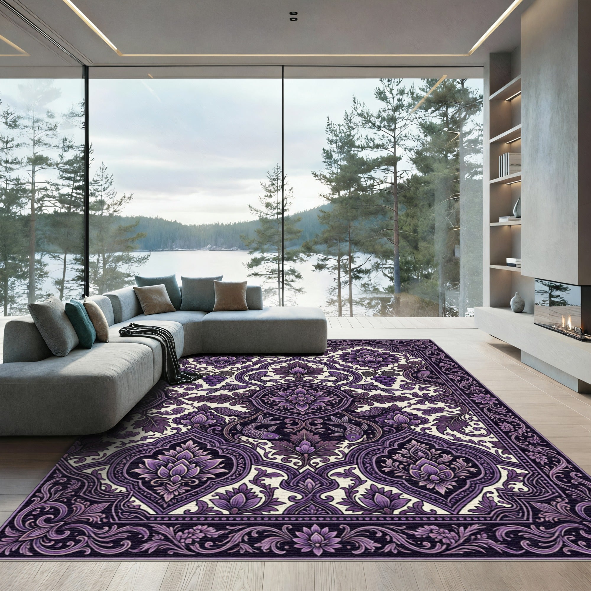 Rich Amethyst Floral Fish Medallion Rug