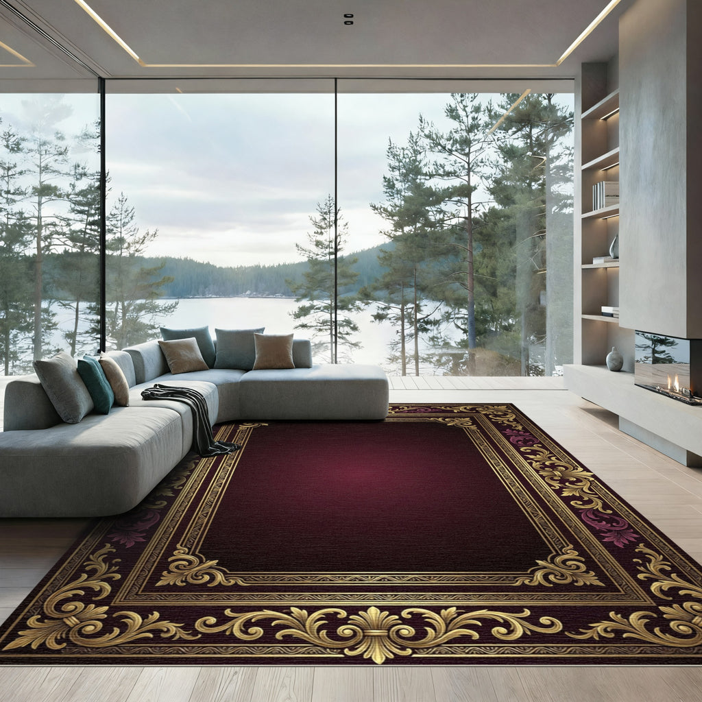 Ornate Baroque Damask Burgundy Gold Frame Rug