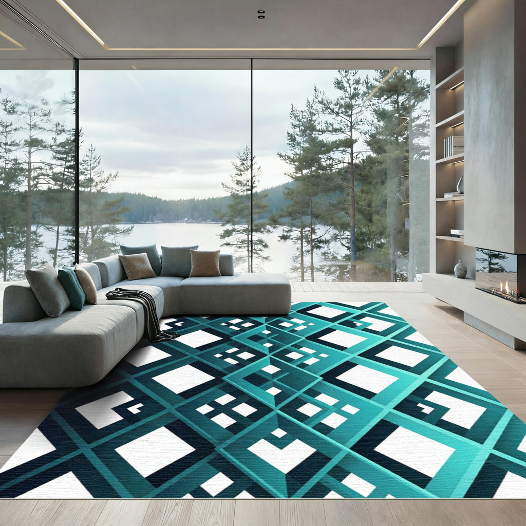 Teal Gradient Modern Interlocking Geometric Rug