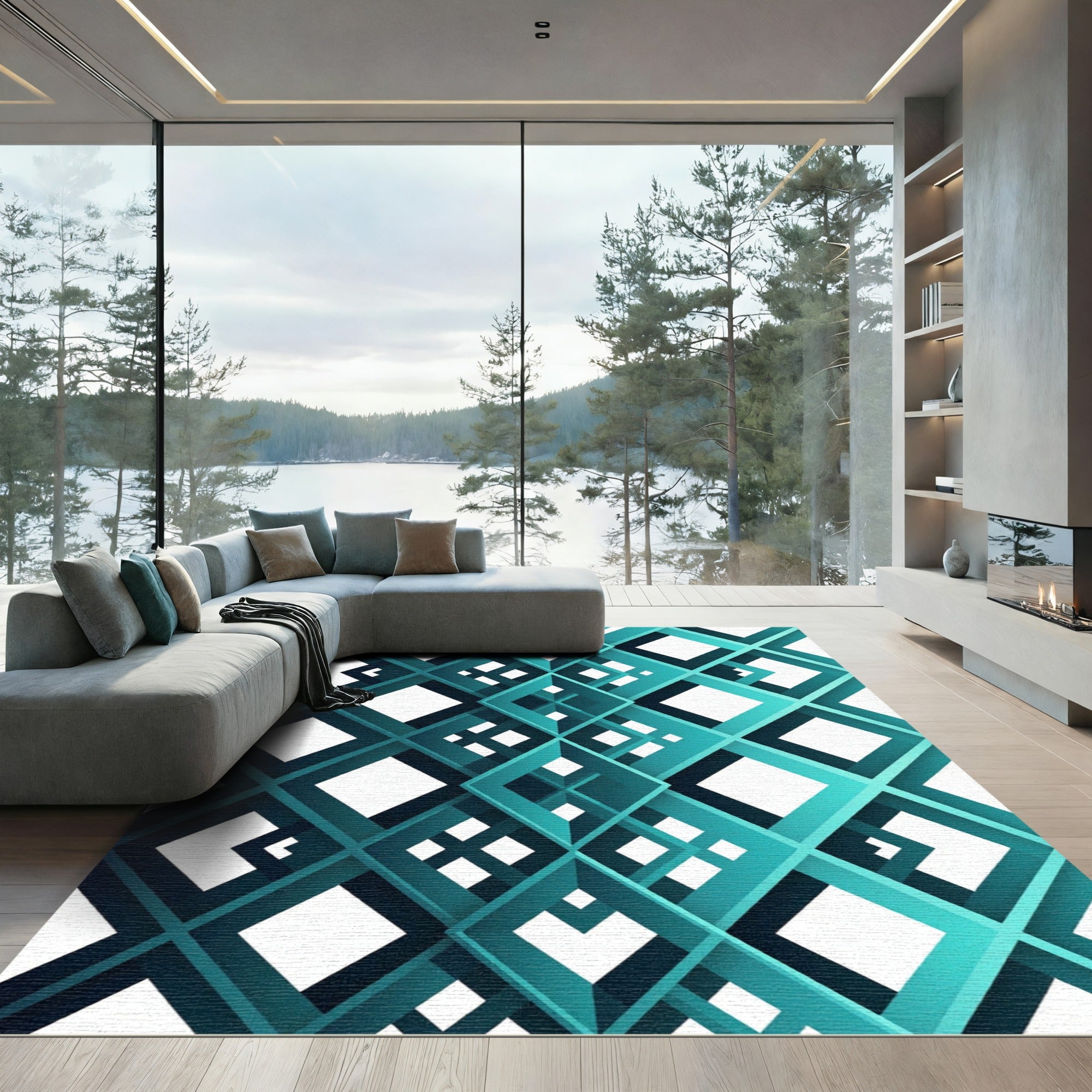 Teal Gradient Modern Interlocking Geometric Rug