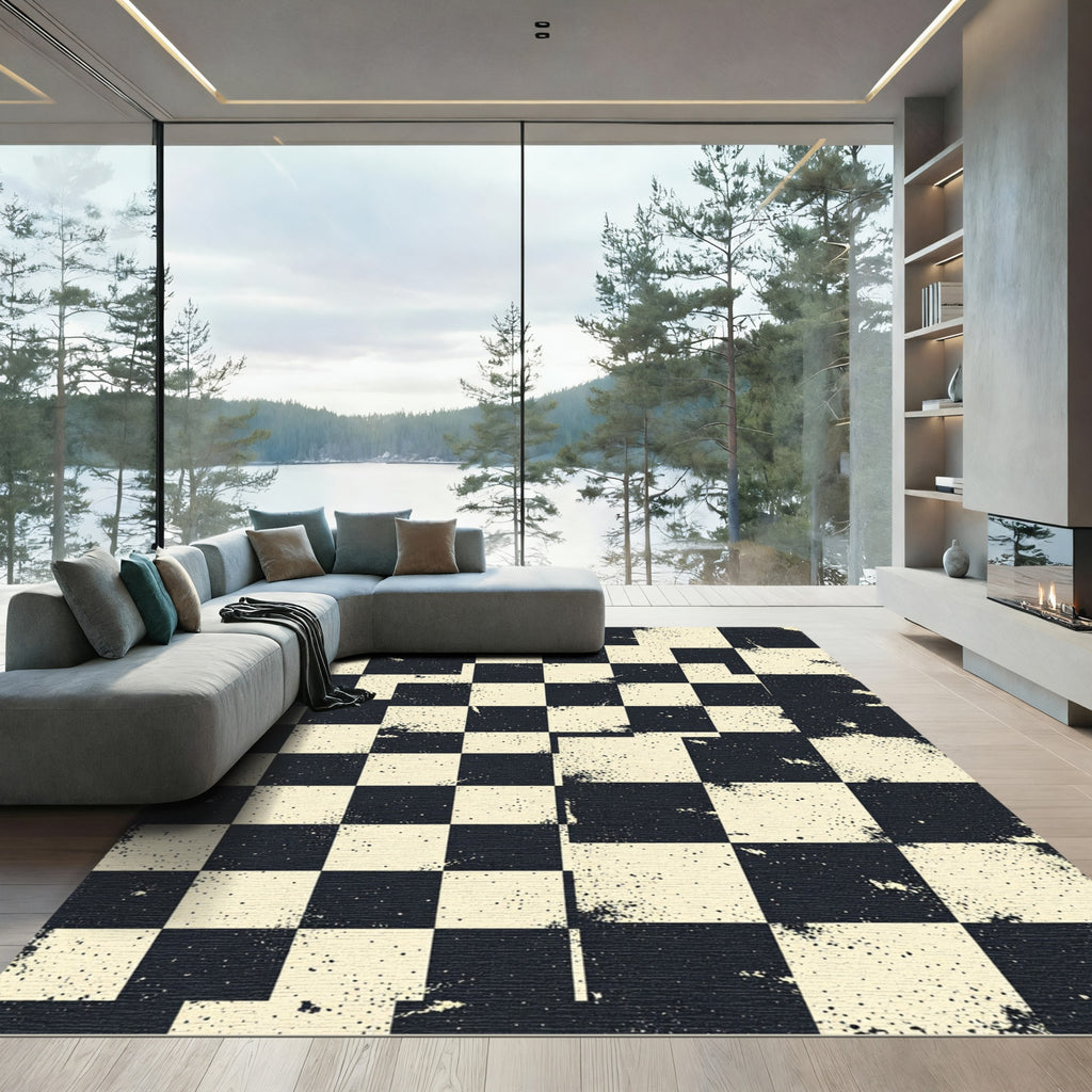Distressed Black and Cream Checkerboard Rug