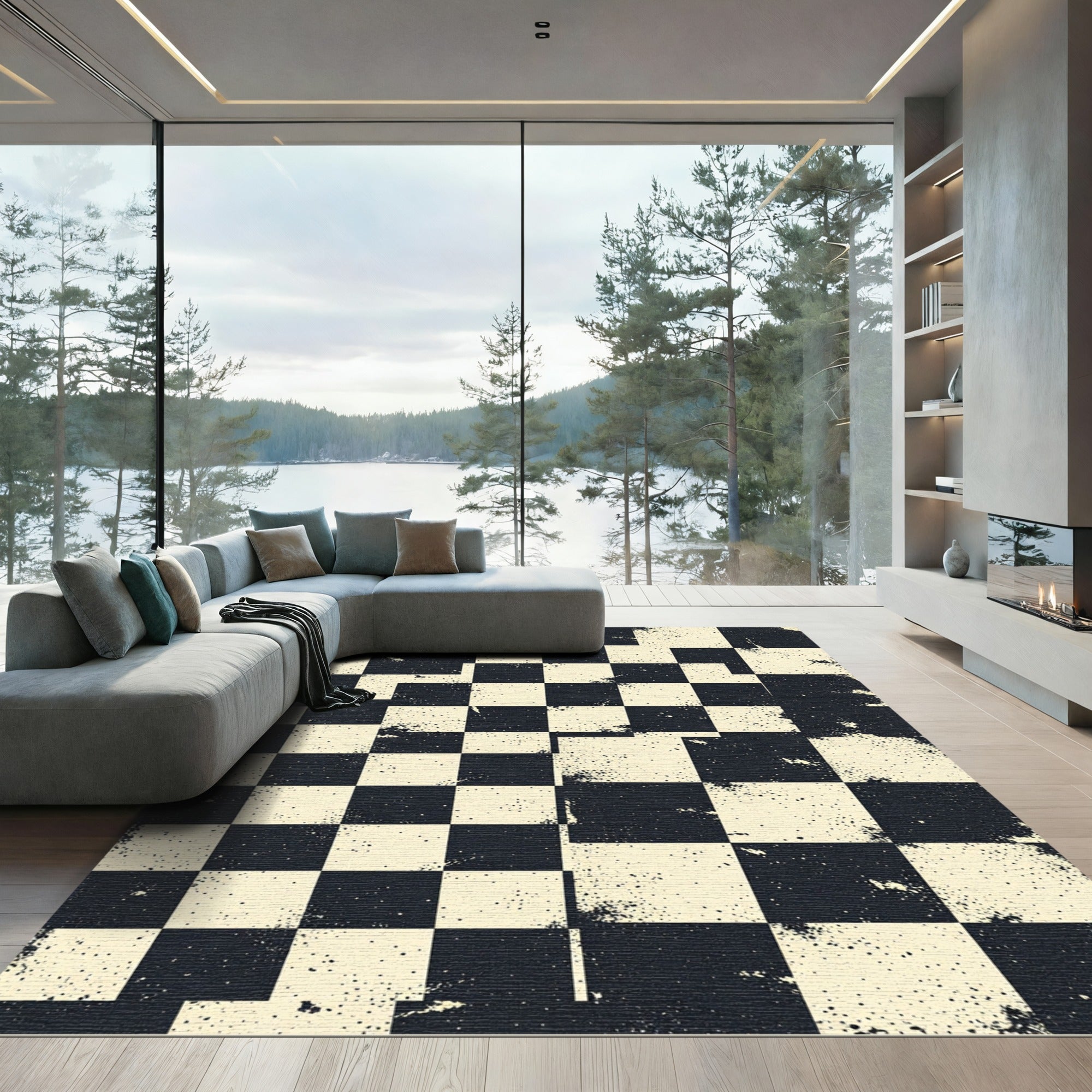Distressed Black and Cream Checkerboard Rug