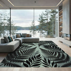 Lush Black Tropical Fern Foliage Rug