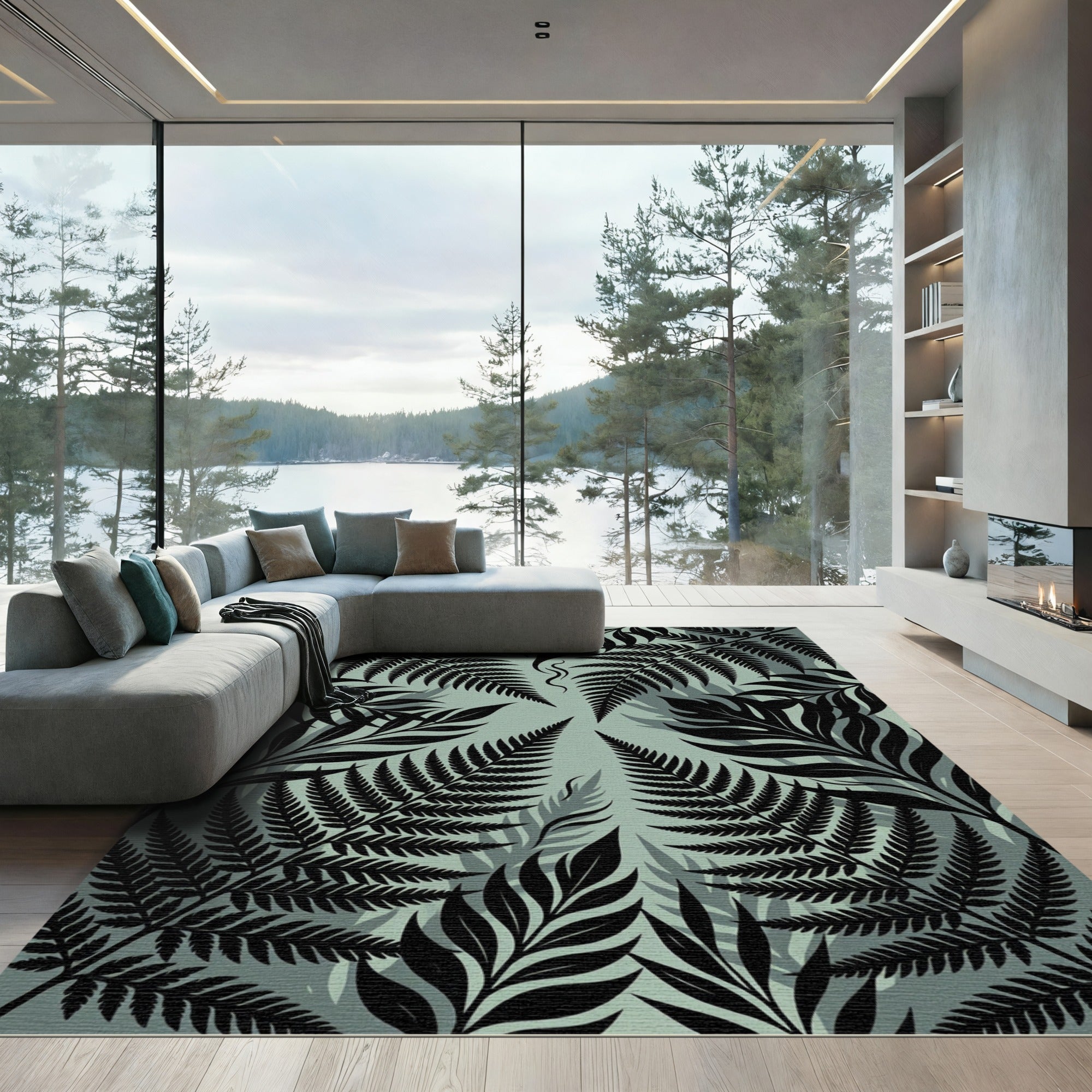 Lush Black Tropical Fern Foliage Rug