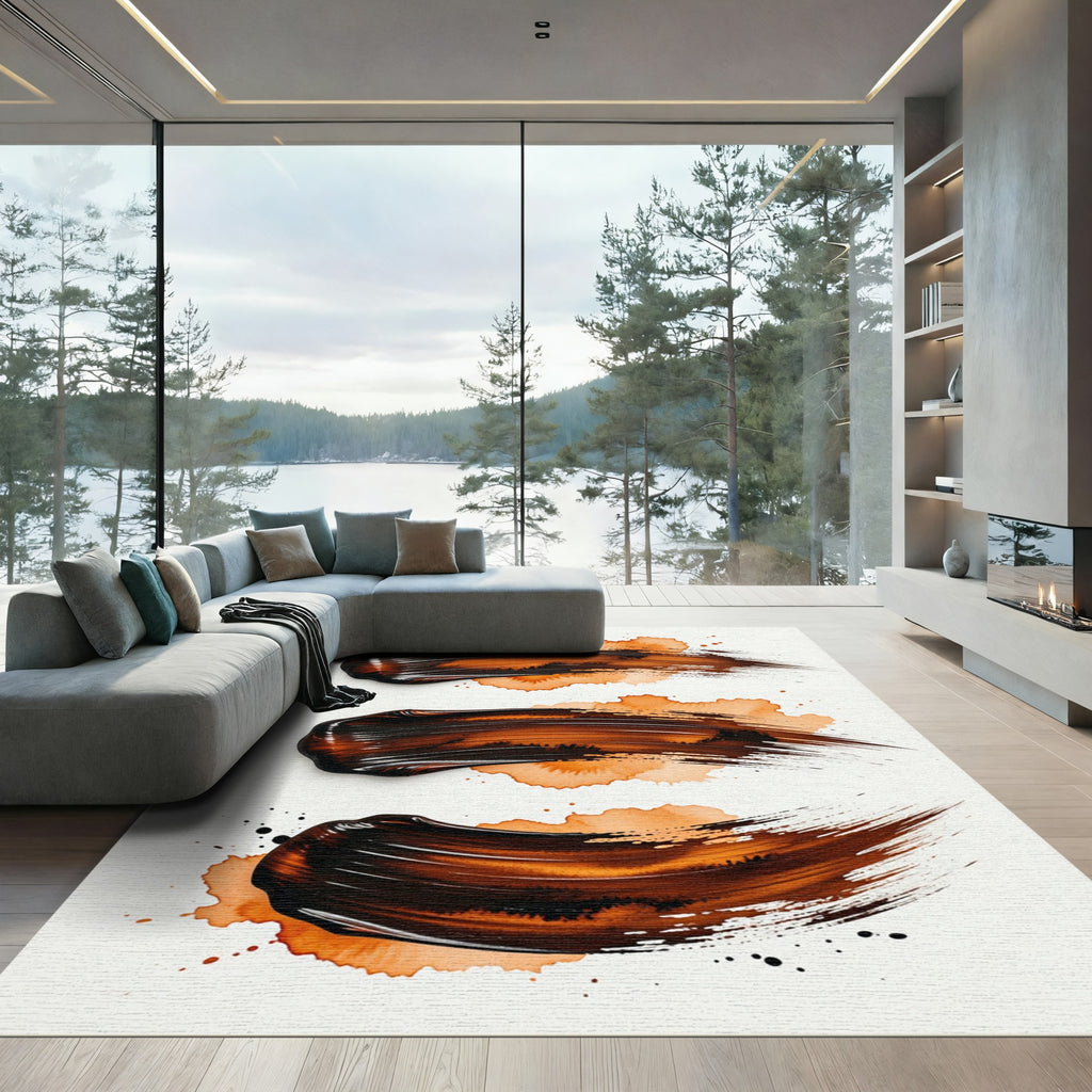Abstract Amber and Espresso Brushstroke Rug