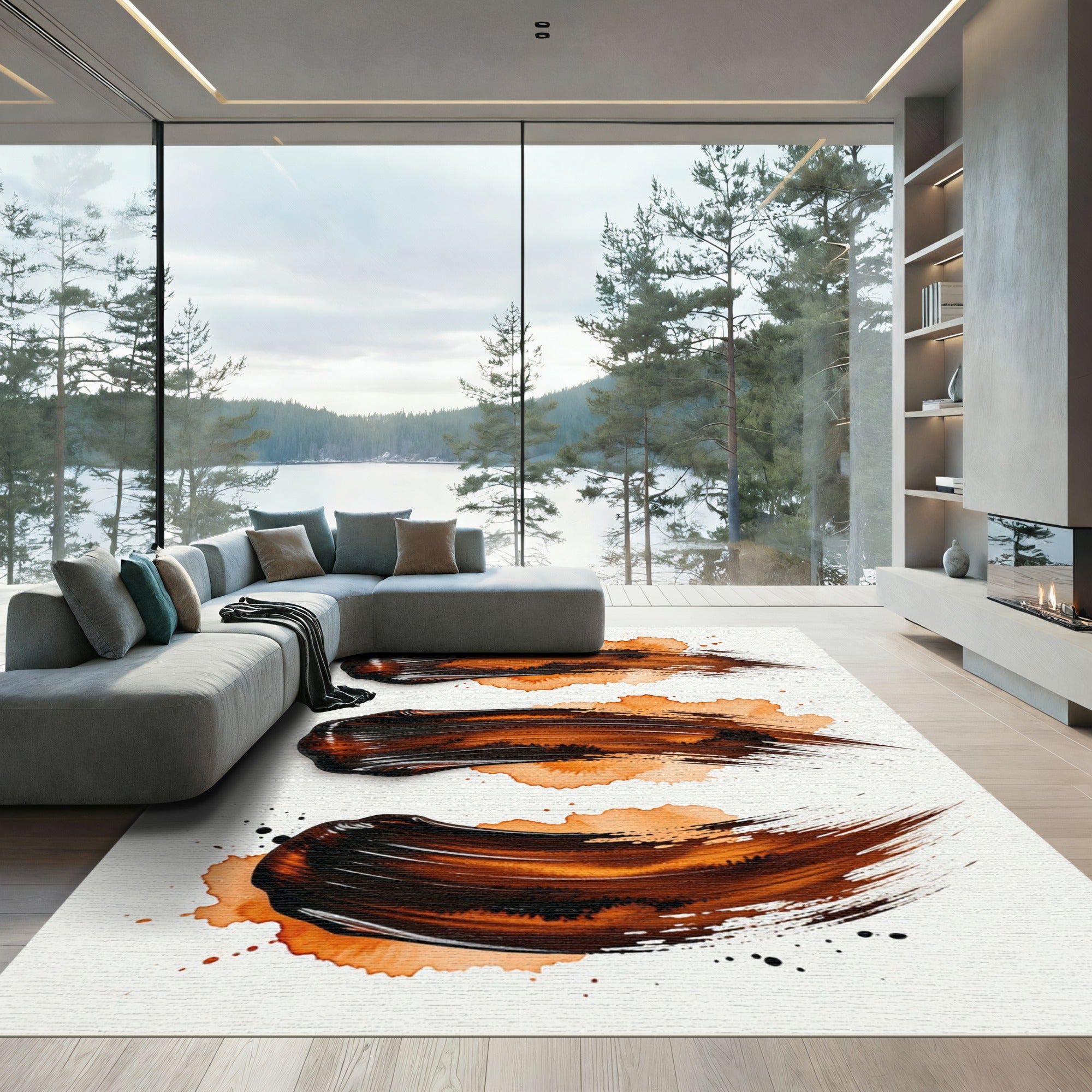 Abstract Amber and Espresso Brushstroke Rug