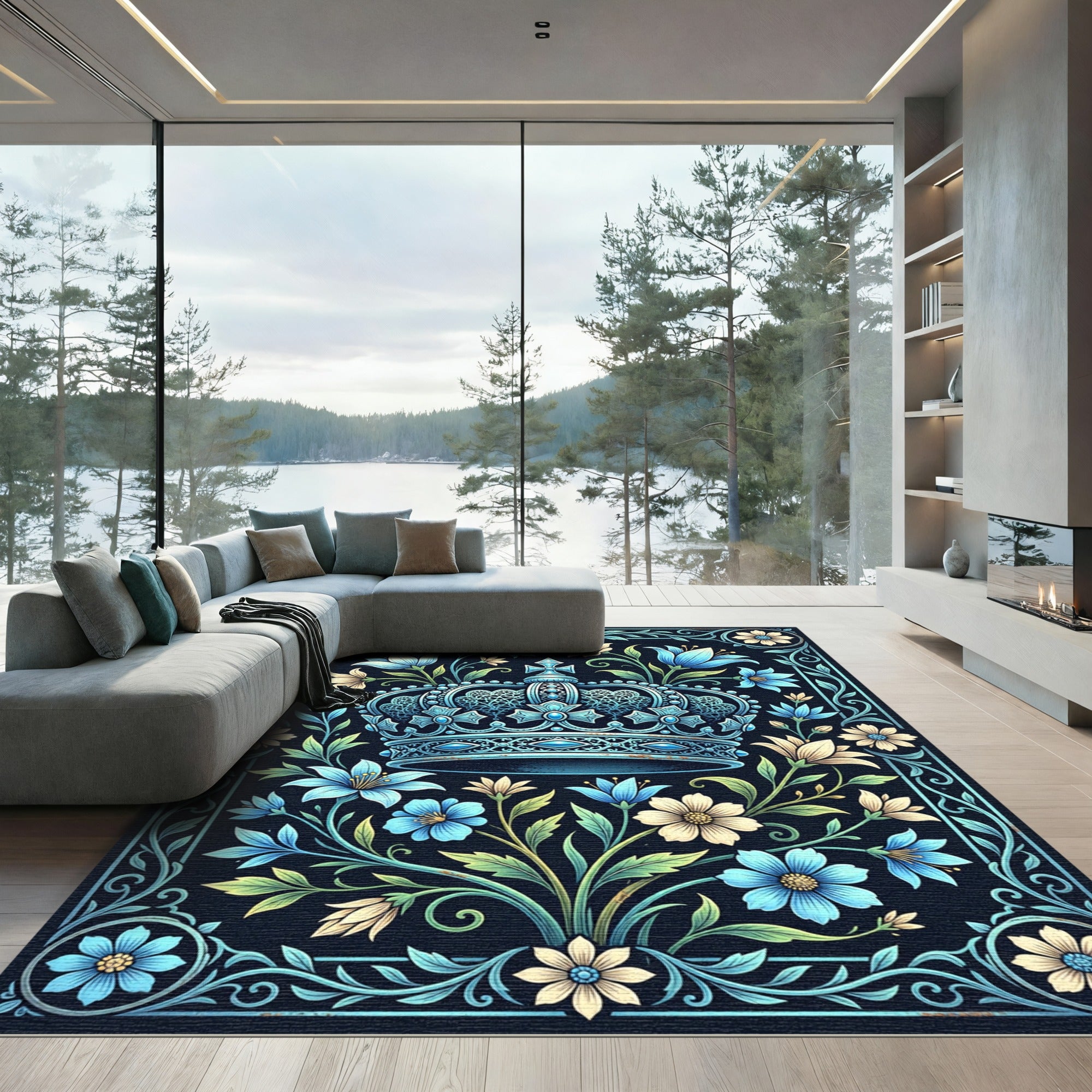 Ornate Blue Floral Crown Art Rug