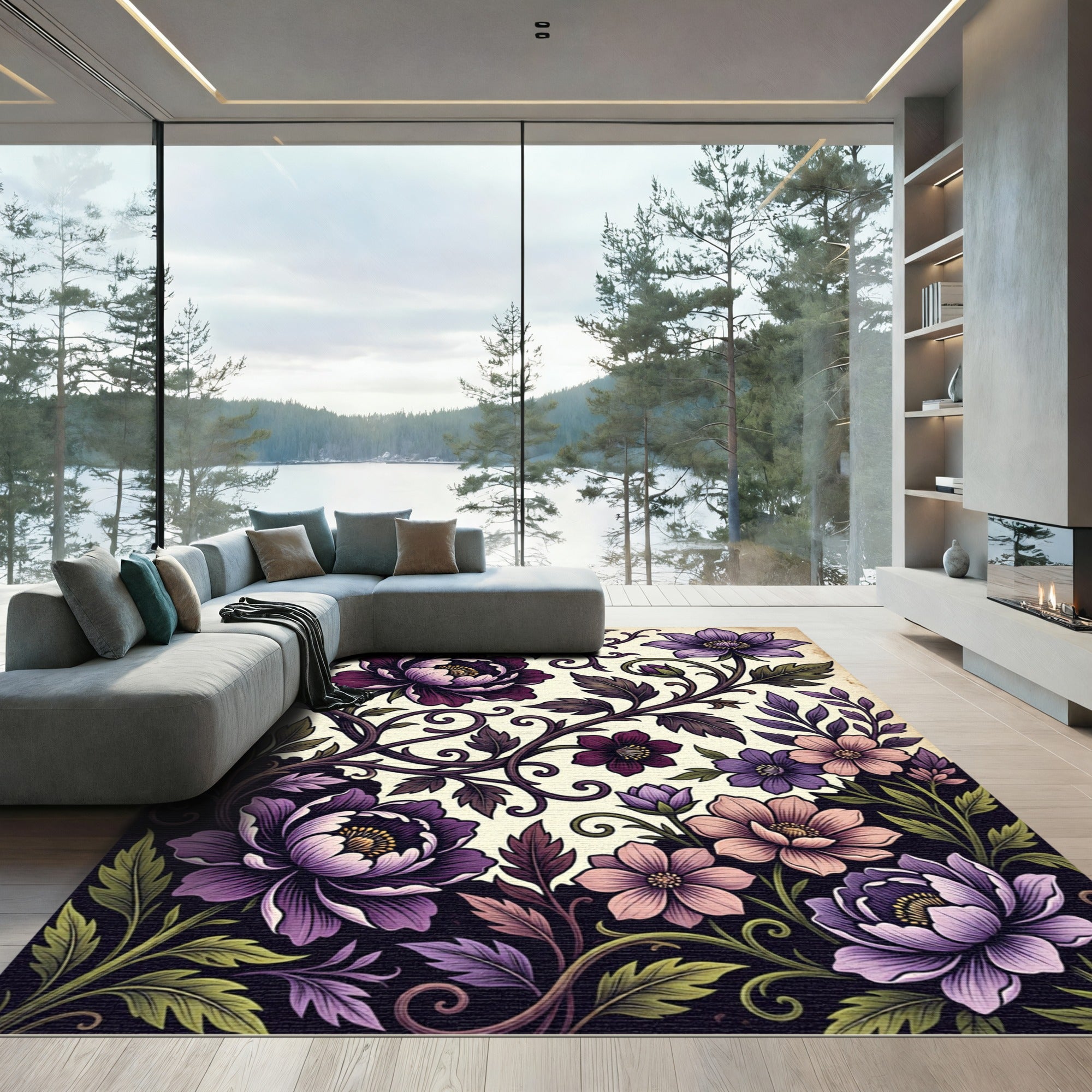 Elegant Purple Peony Scrolling Botanical Art Rug