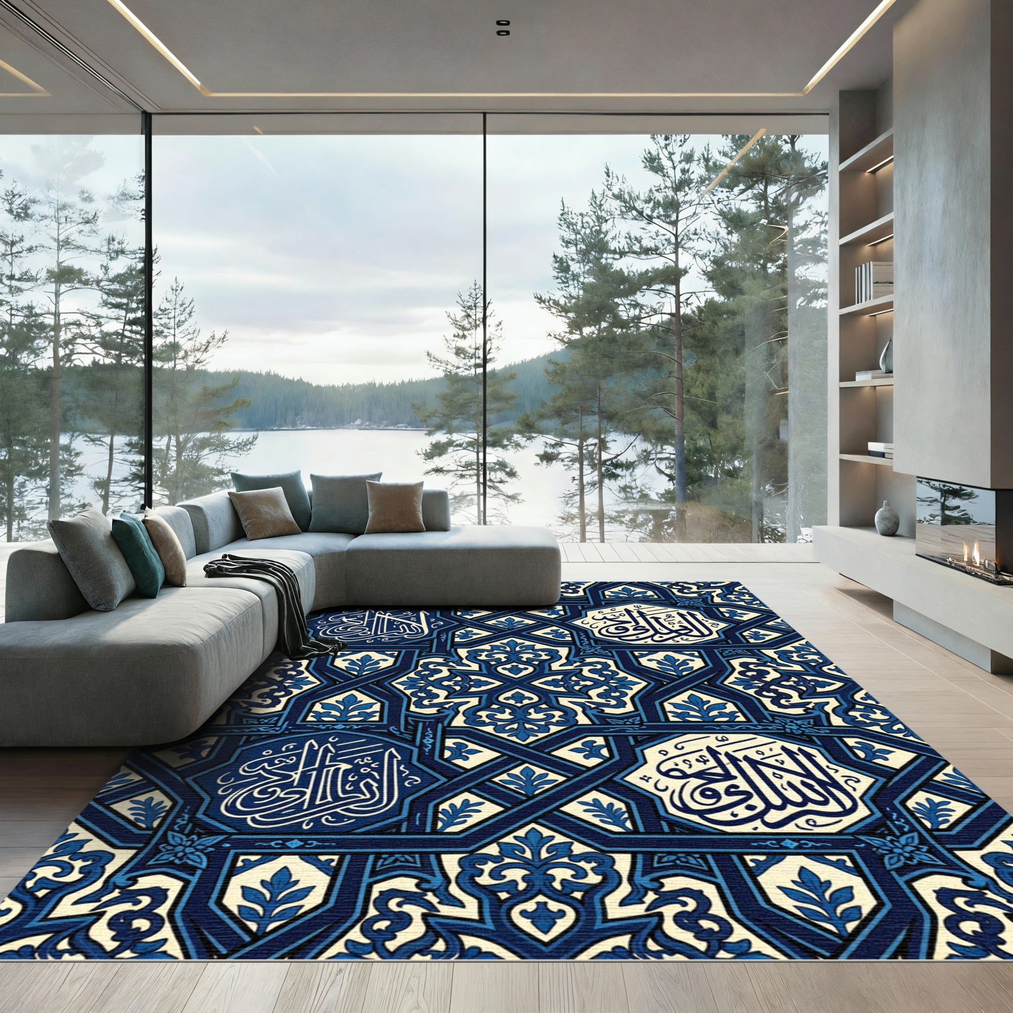 Deep Blue Script Geometric Ornament Rug
