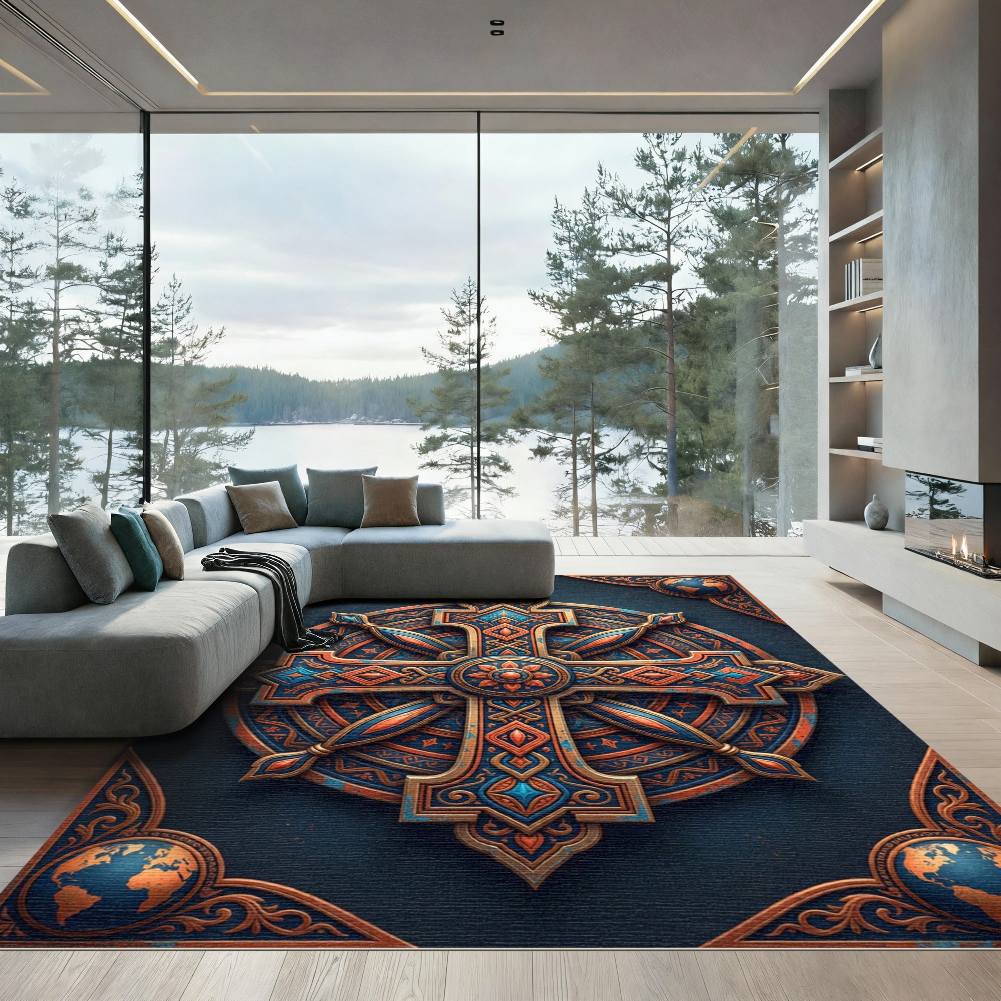 Ornate Copper Blue Compass Cross Medallion Rug