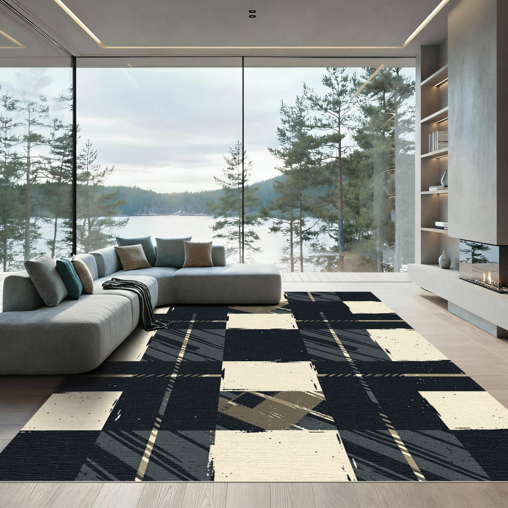 Modern Black and Beige Plaid Check Rug