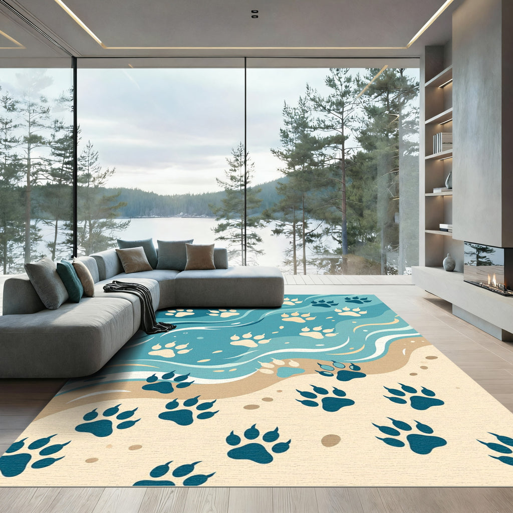 Coastal Blue Paw Print Wave Rug