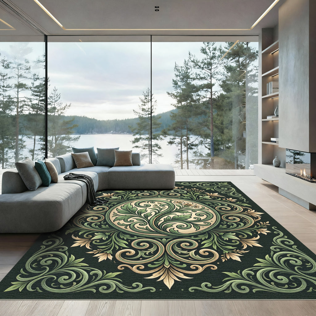 Elegant Sage Verdant Foliage Medallion Rug