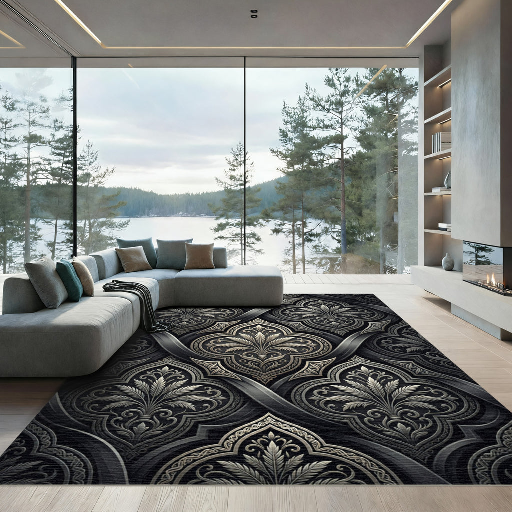 Ornate Silver Dark Floral Arabesque Rug