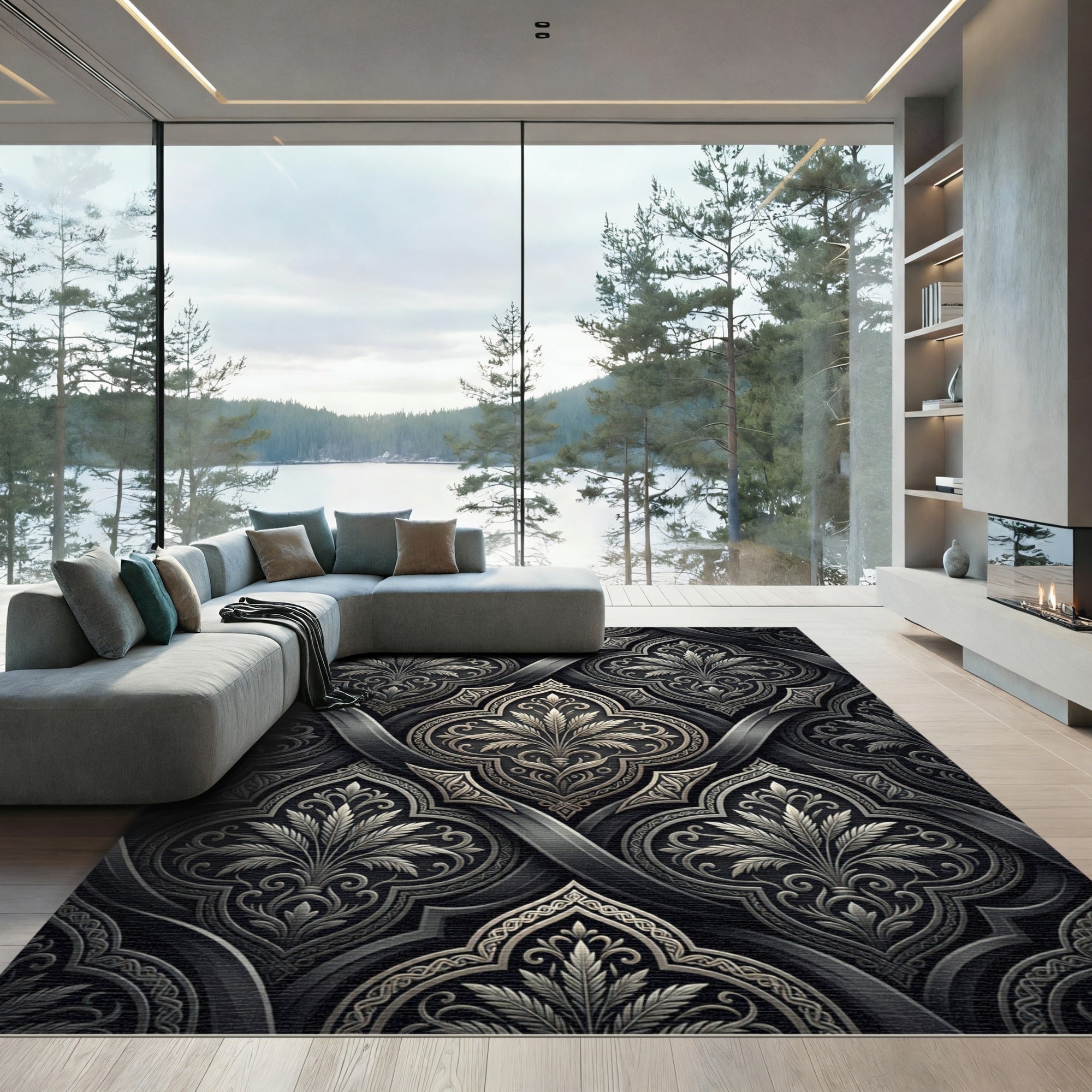 Ornate Silver Dark Floral Arabesque Rug