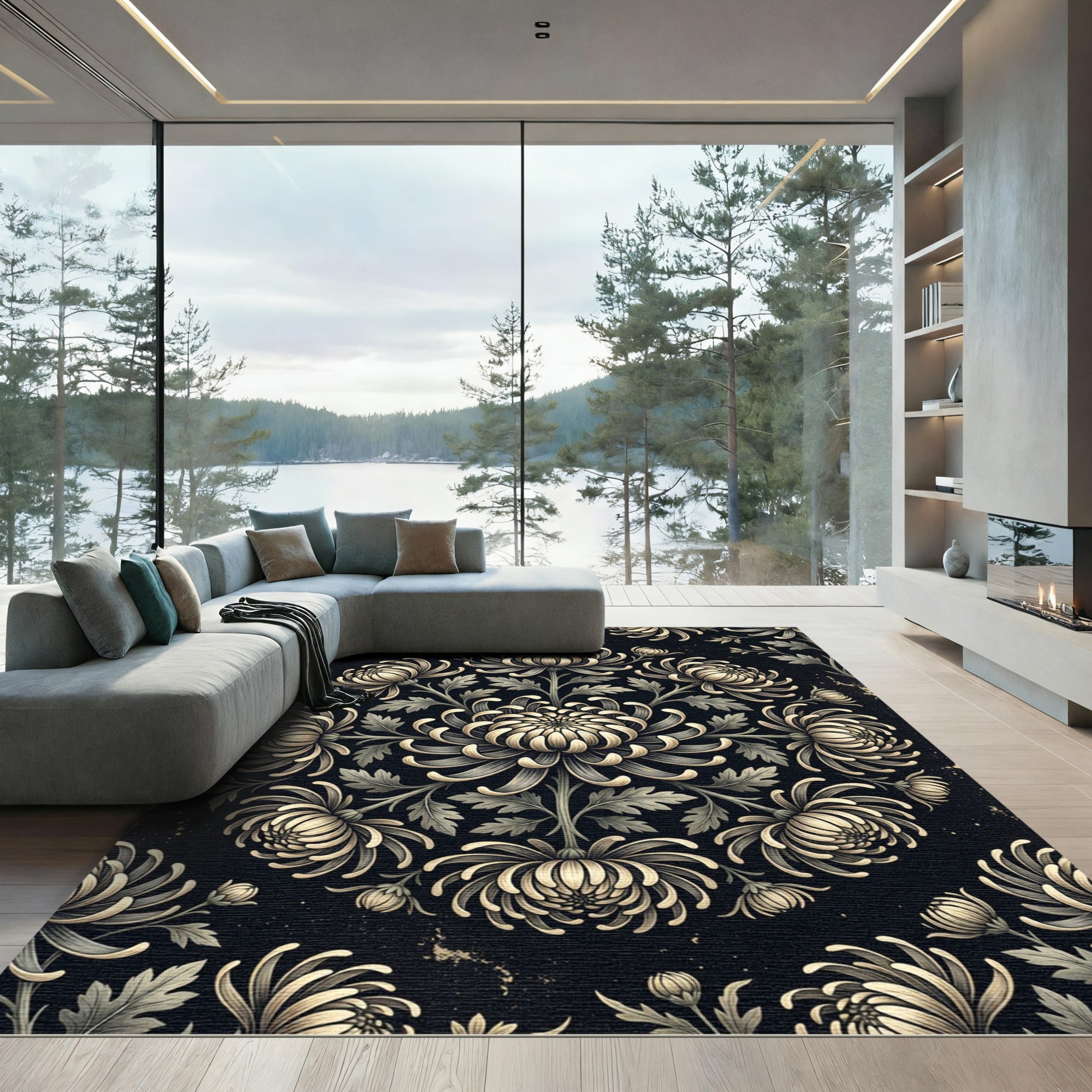Monochromatic Floral Medallion Composition Rug
