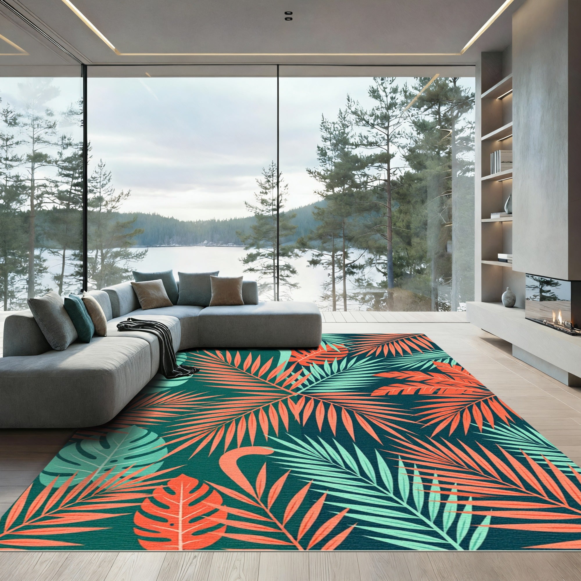 Lush Coral and Mint Tropical Foliage Rug