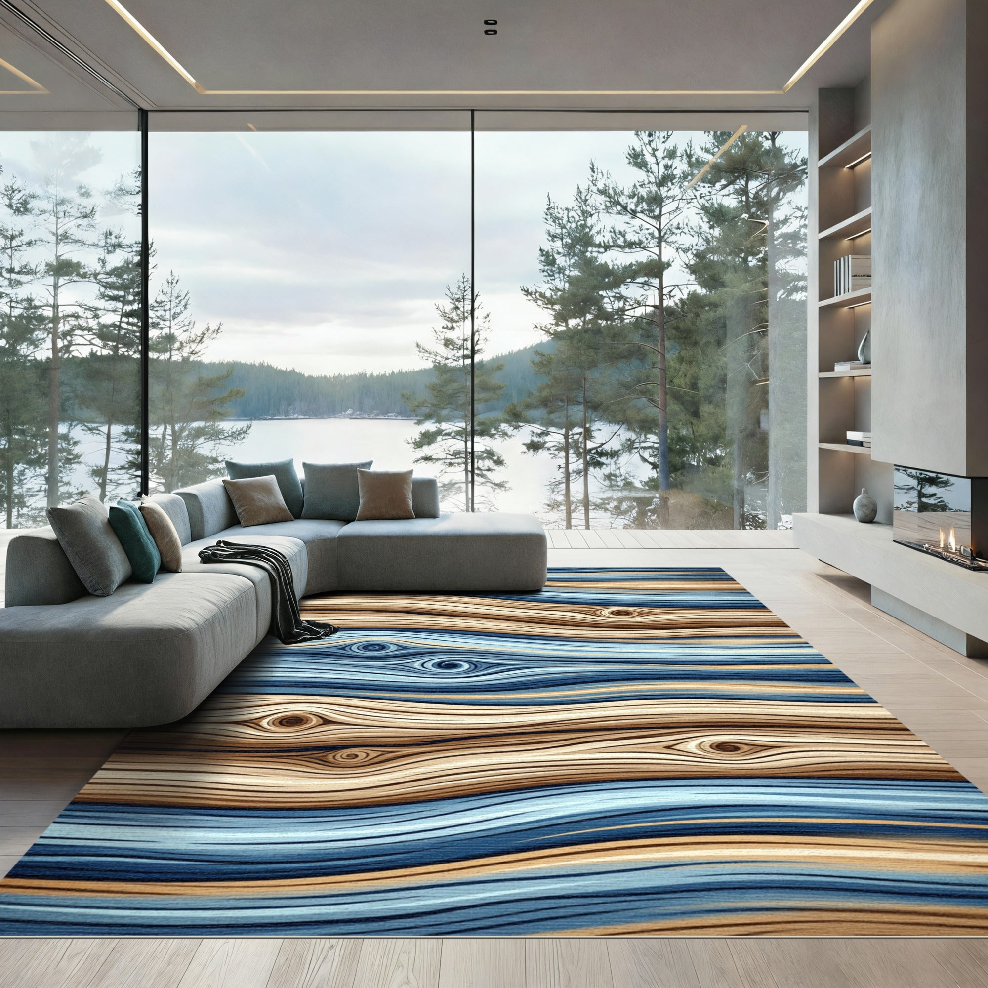 Brown Blue Wood Grain Swirls Rug