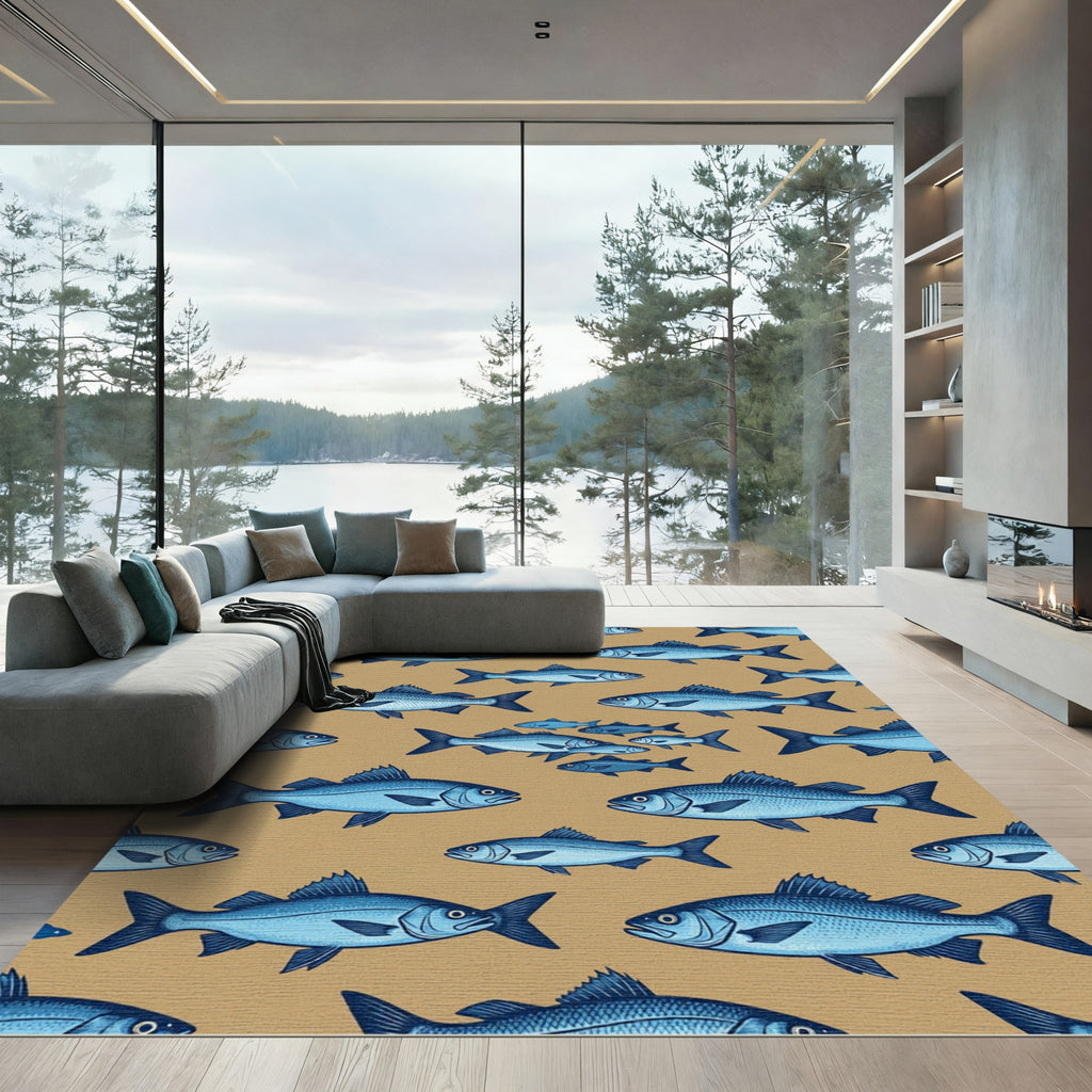 Blue Fish Nautical Illustration Sand Background Rug
