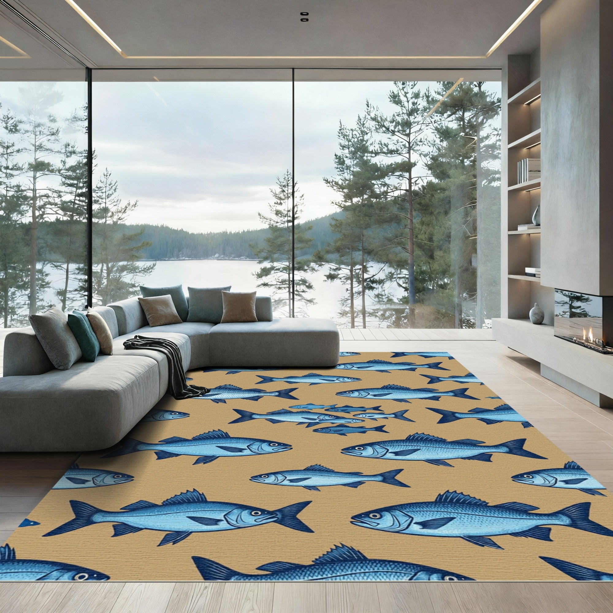 Blue Fish Nautical Illustration Sand Background Rug