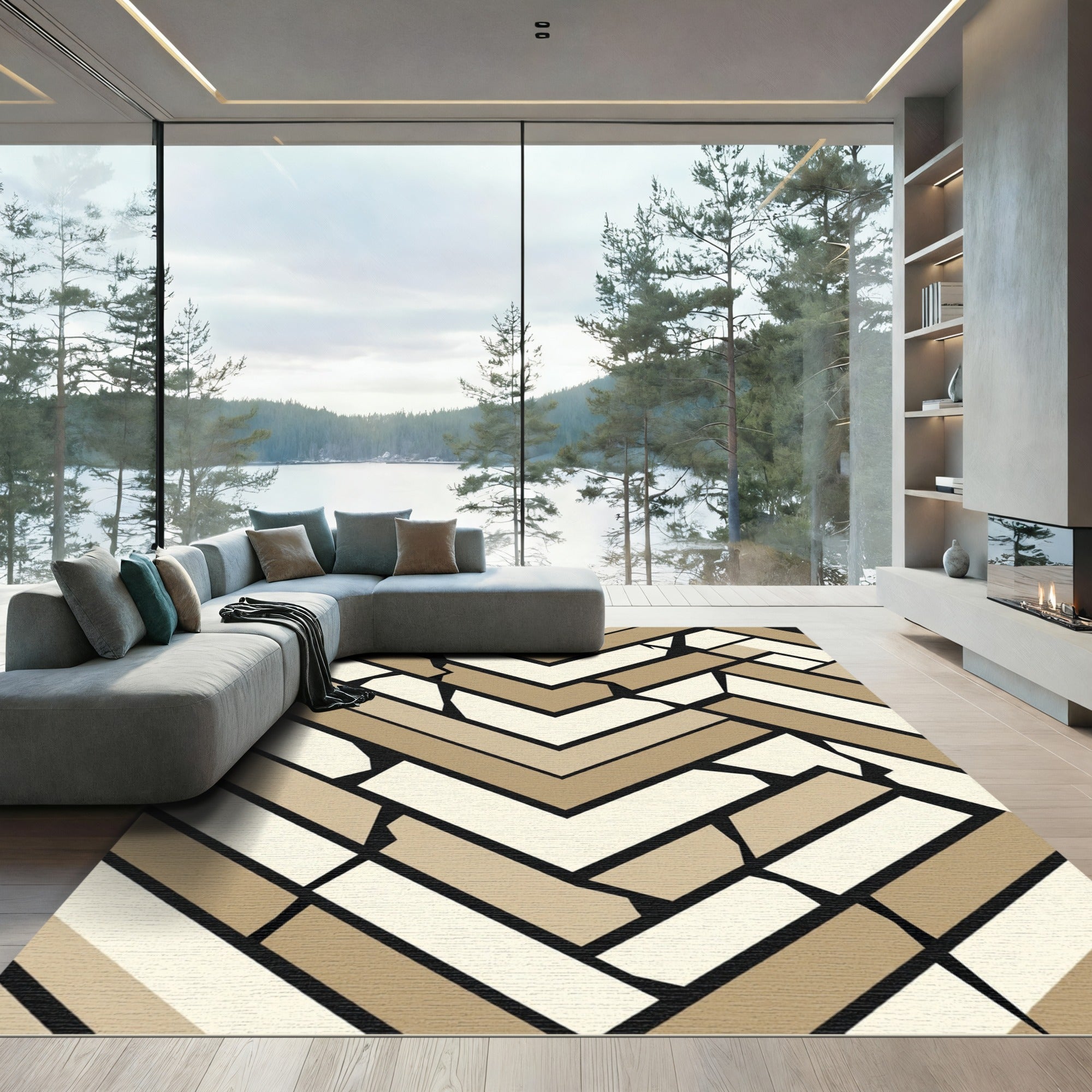 Geometric Tan Herringbone Crushed Effect Rug