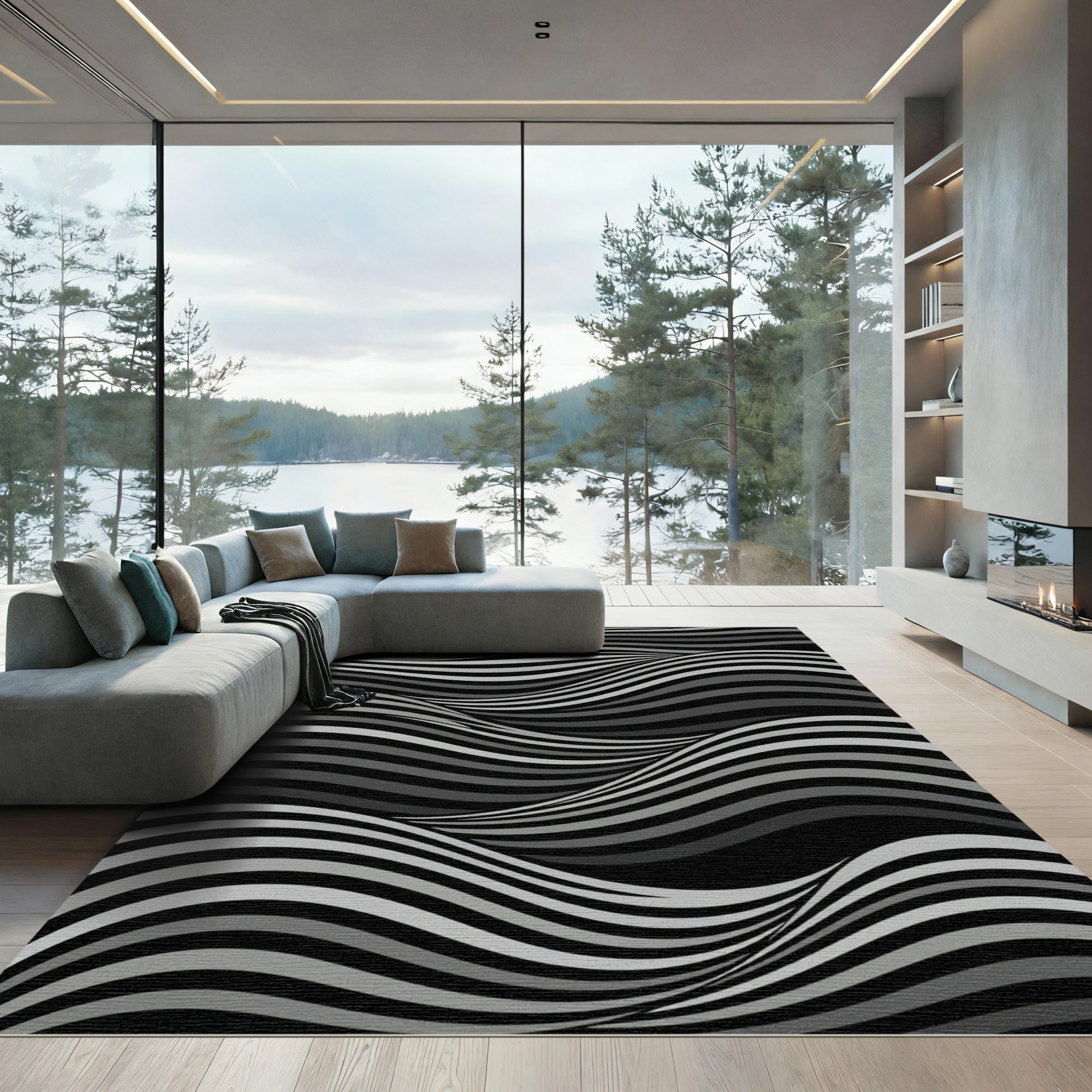 Monochromatic Black Gray Wave Rug