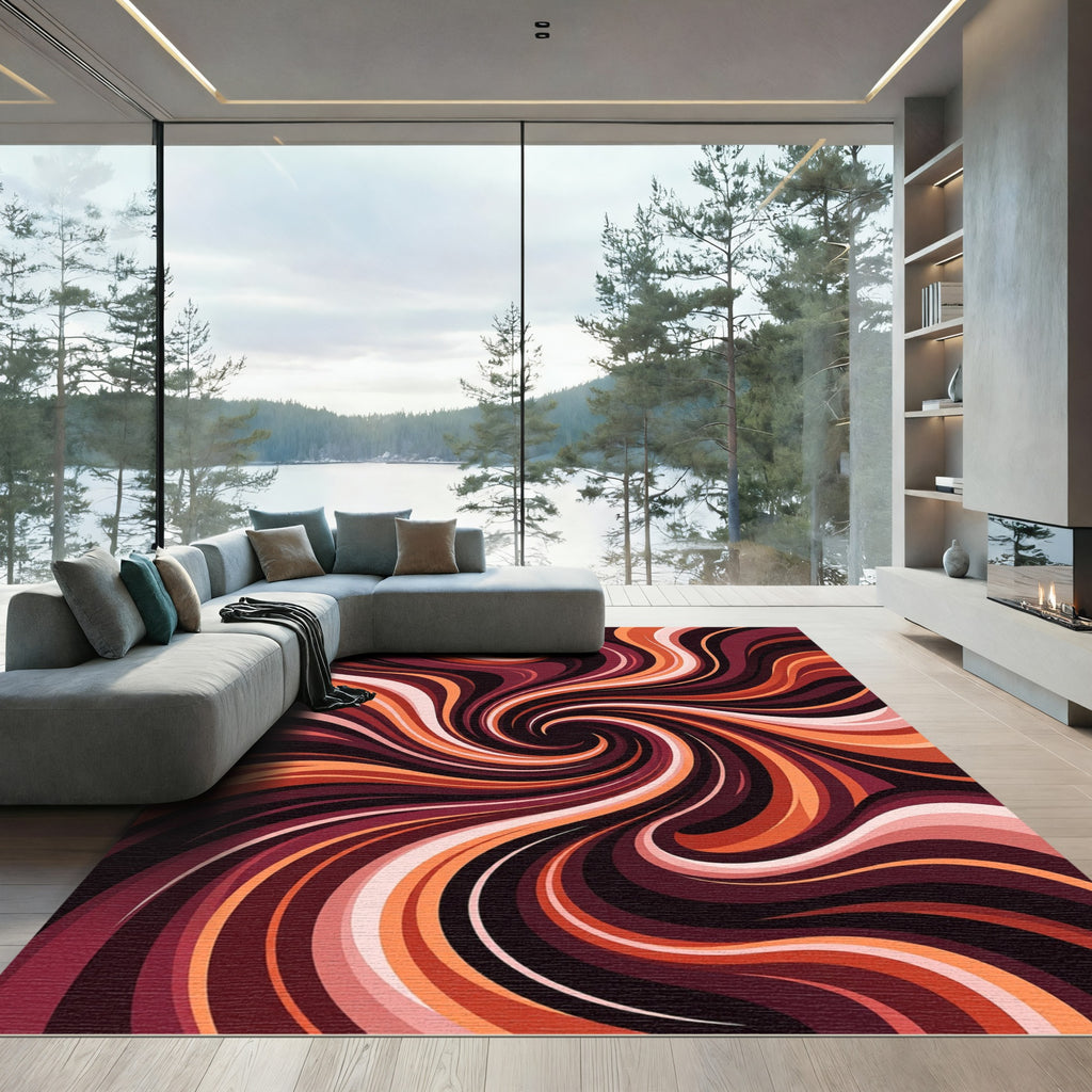 Crimson Orange Swirl Abstract Rug