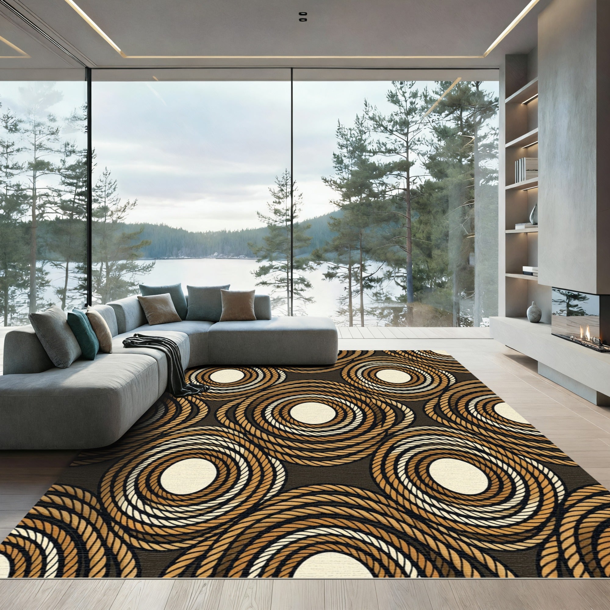 Braided Rope Circles Brown Cream Rug
