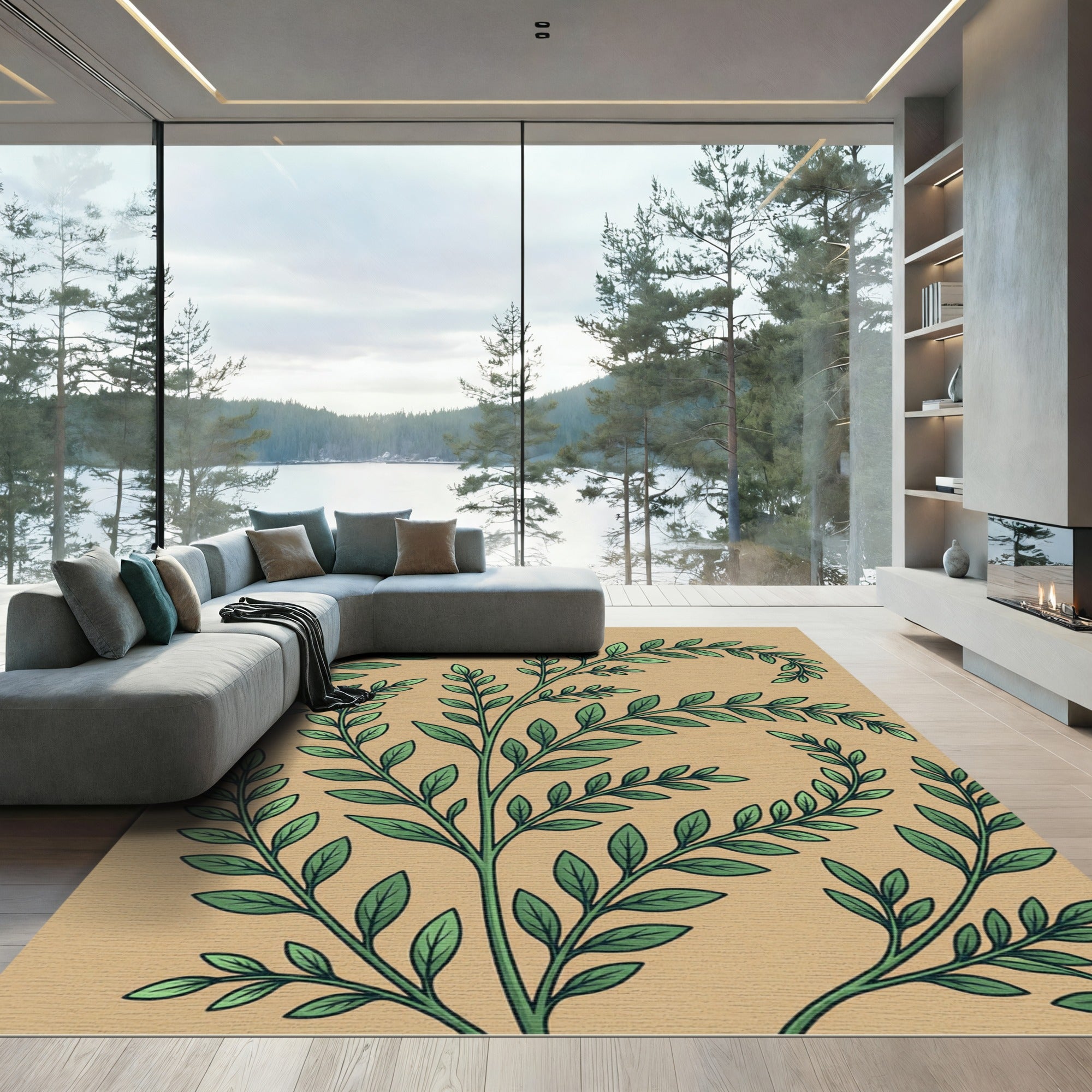 Earthy Sage Botanical Fern Sprig Rug