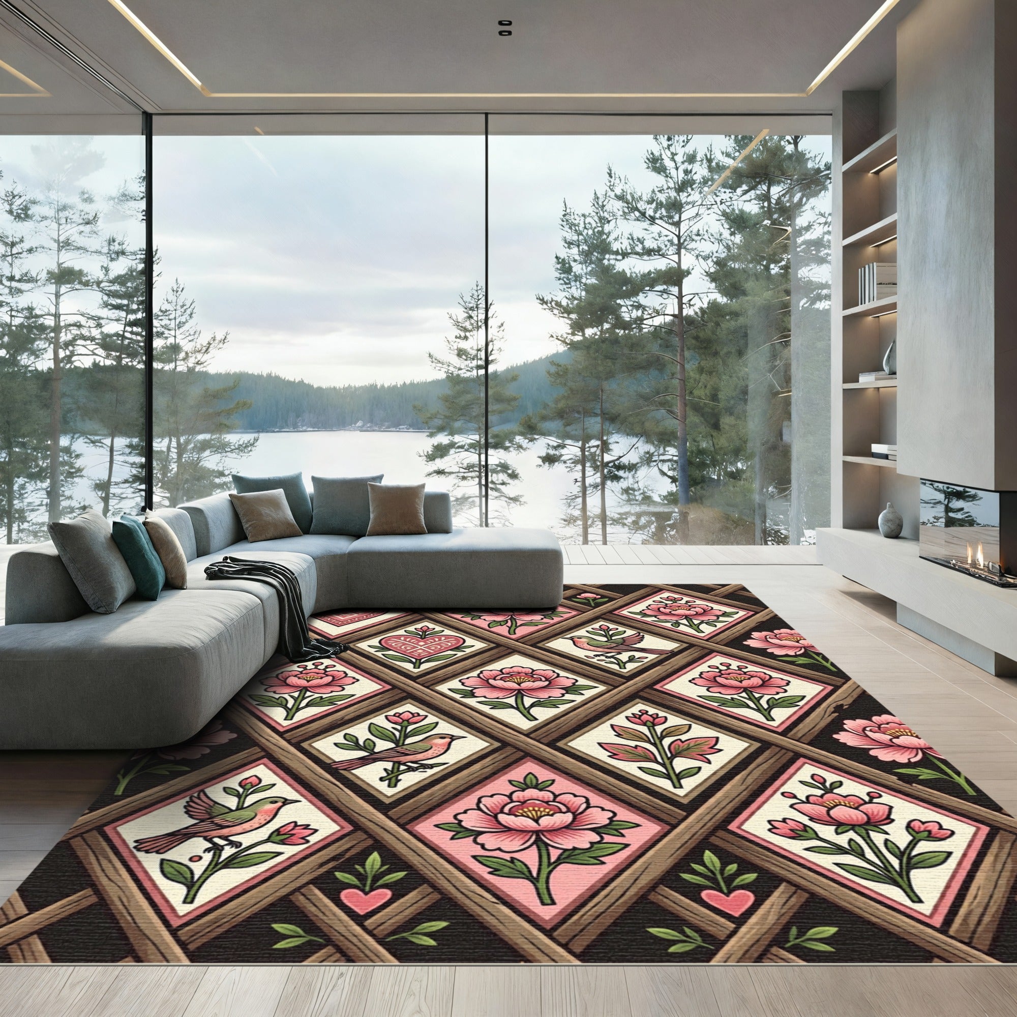 Pink Blooming Heart Birds Lattice Rug