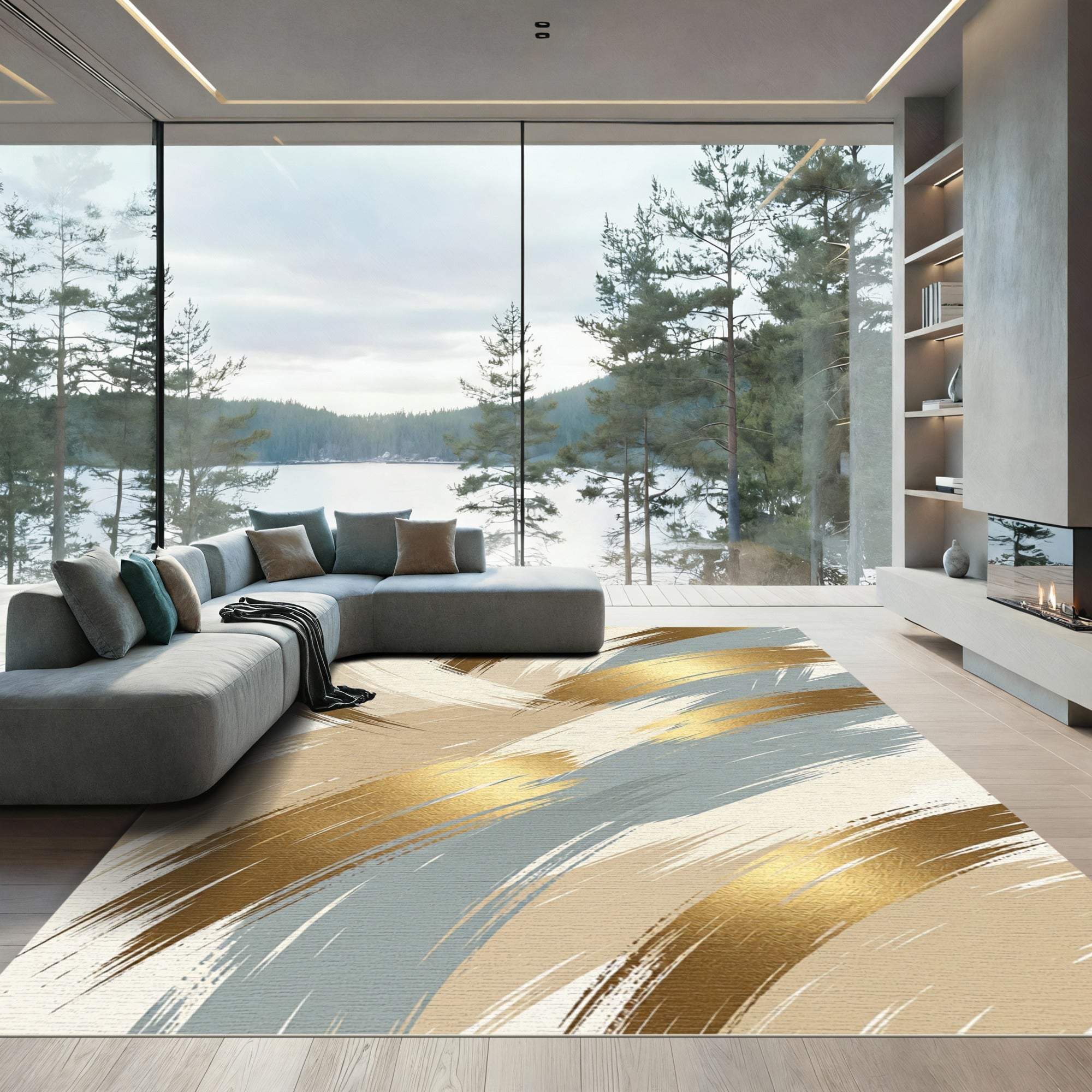 Gold and Blue Abstract Brushstroke Rug