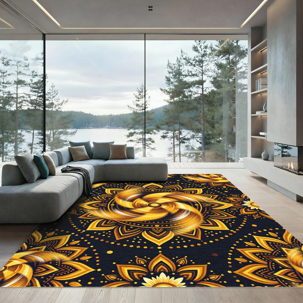 Golden Sunburst Radiant Mandala Art Rug