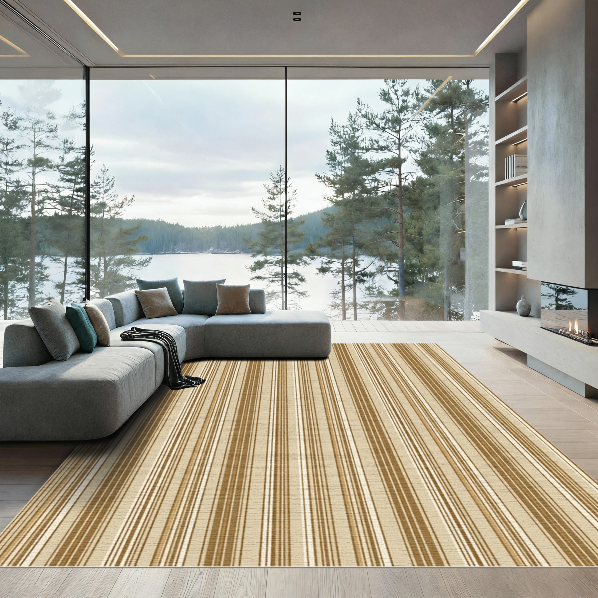 Sophisticated Golden Brown Vertical Stripes Rug