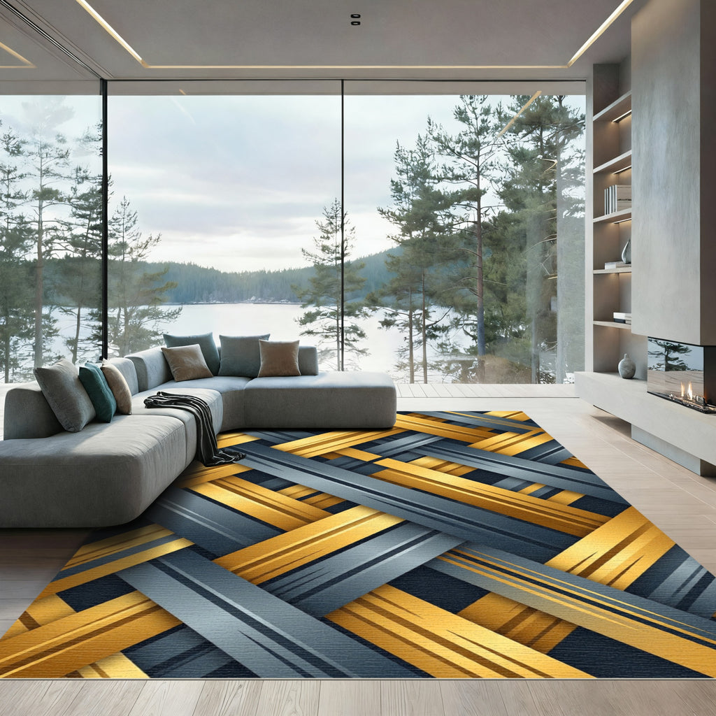 Metallic Gold and Slate Interwoven Grid Rug