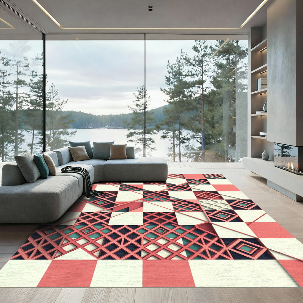 Geometric Coral and Teal Lattice Rug