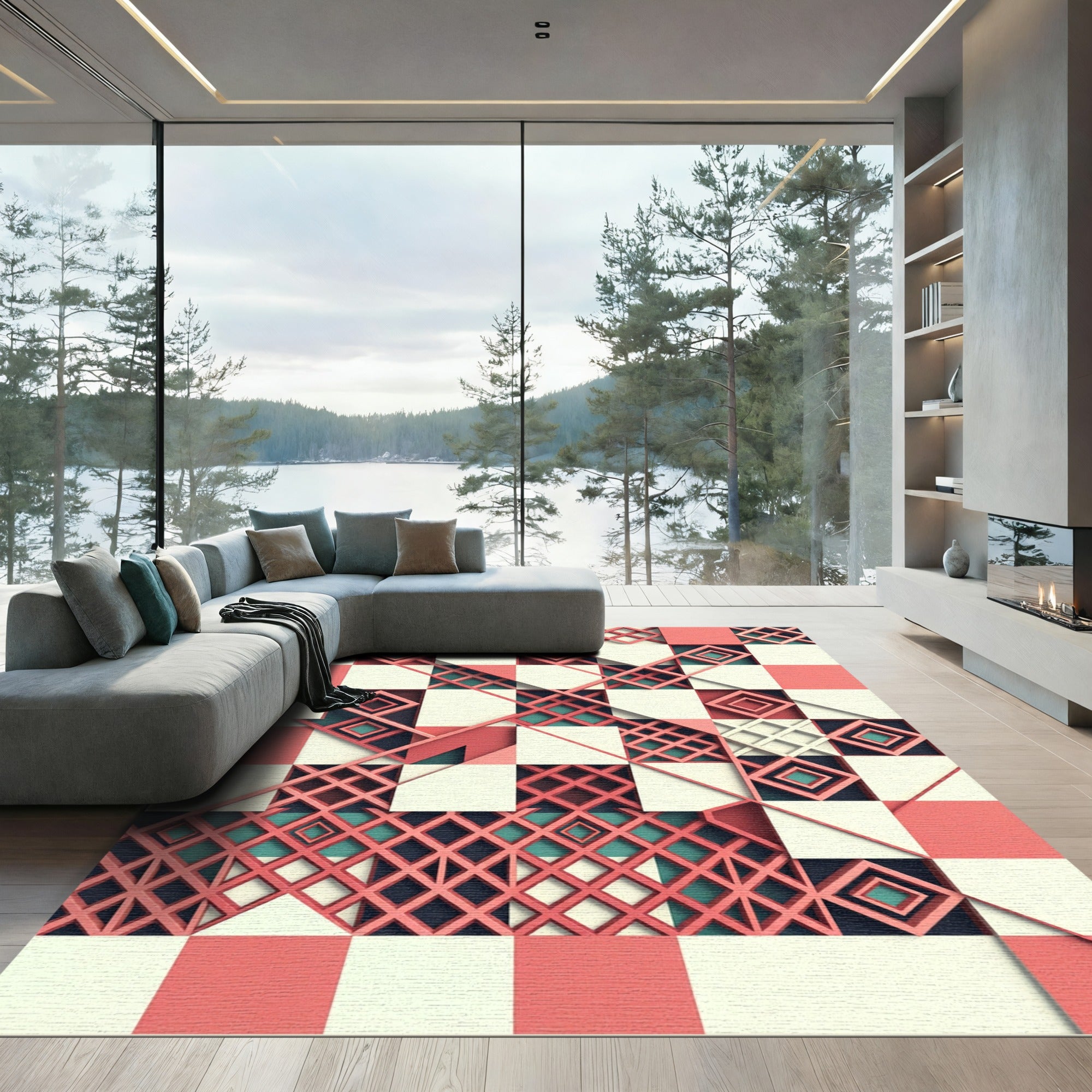 Geometric Coral and Teal Lattice Rug