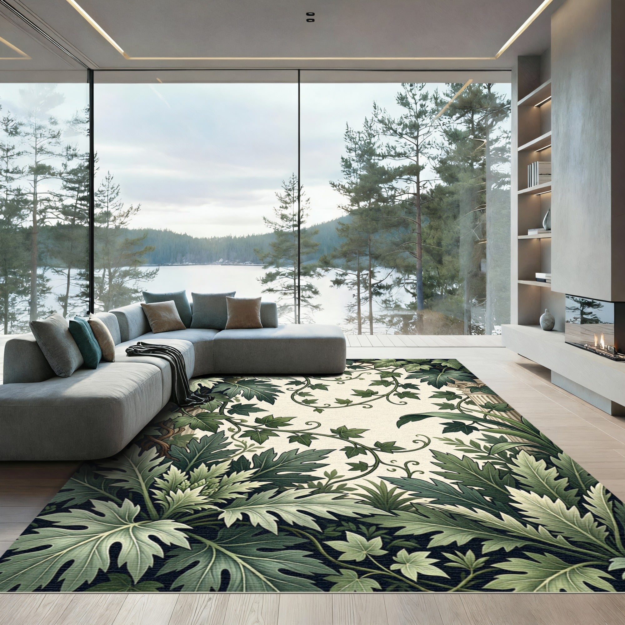 Lush Green Botanical Foliage Column Rug