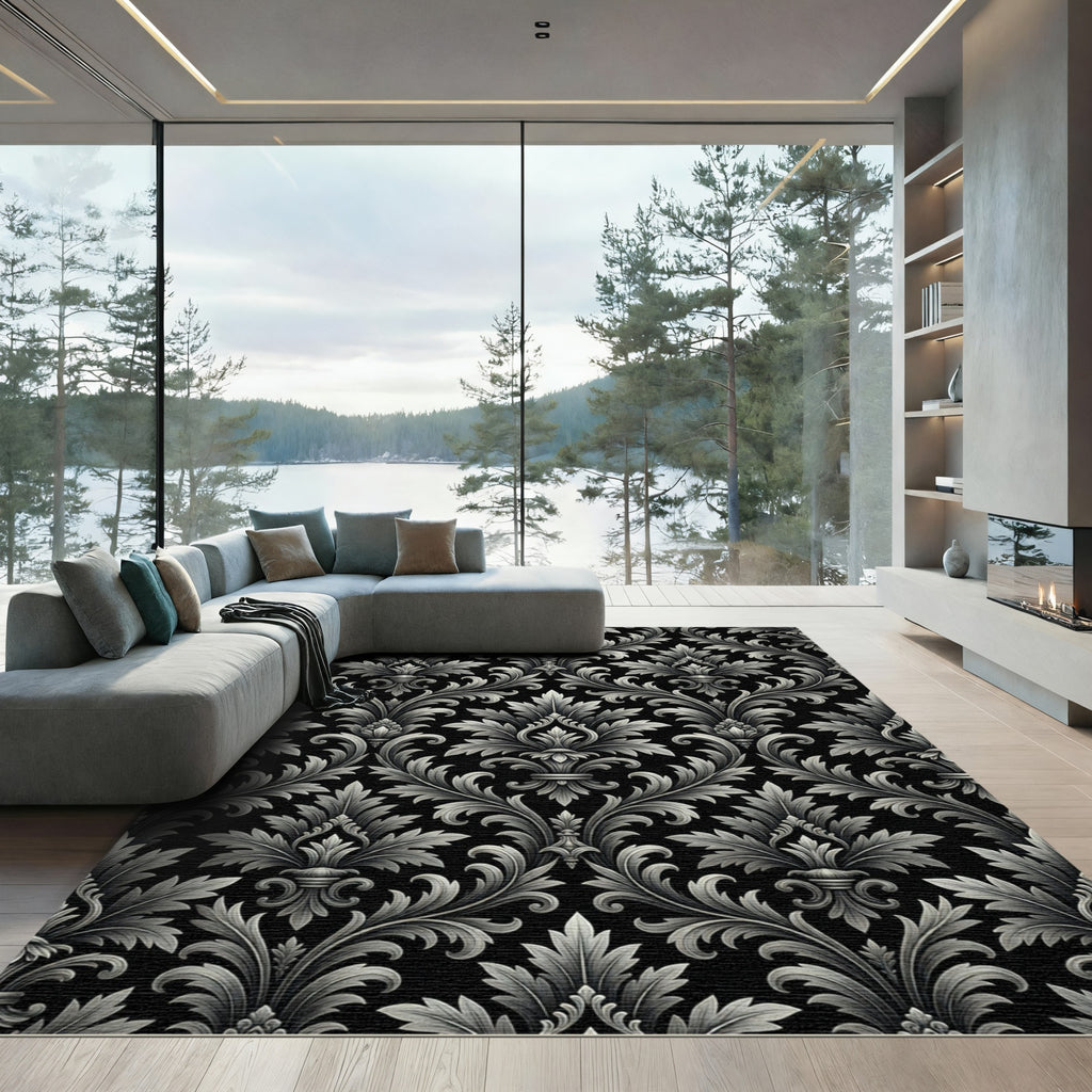 Classic Black Silver Acanthus Leaf Rug