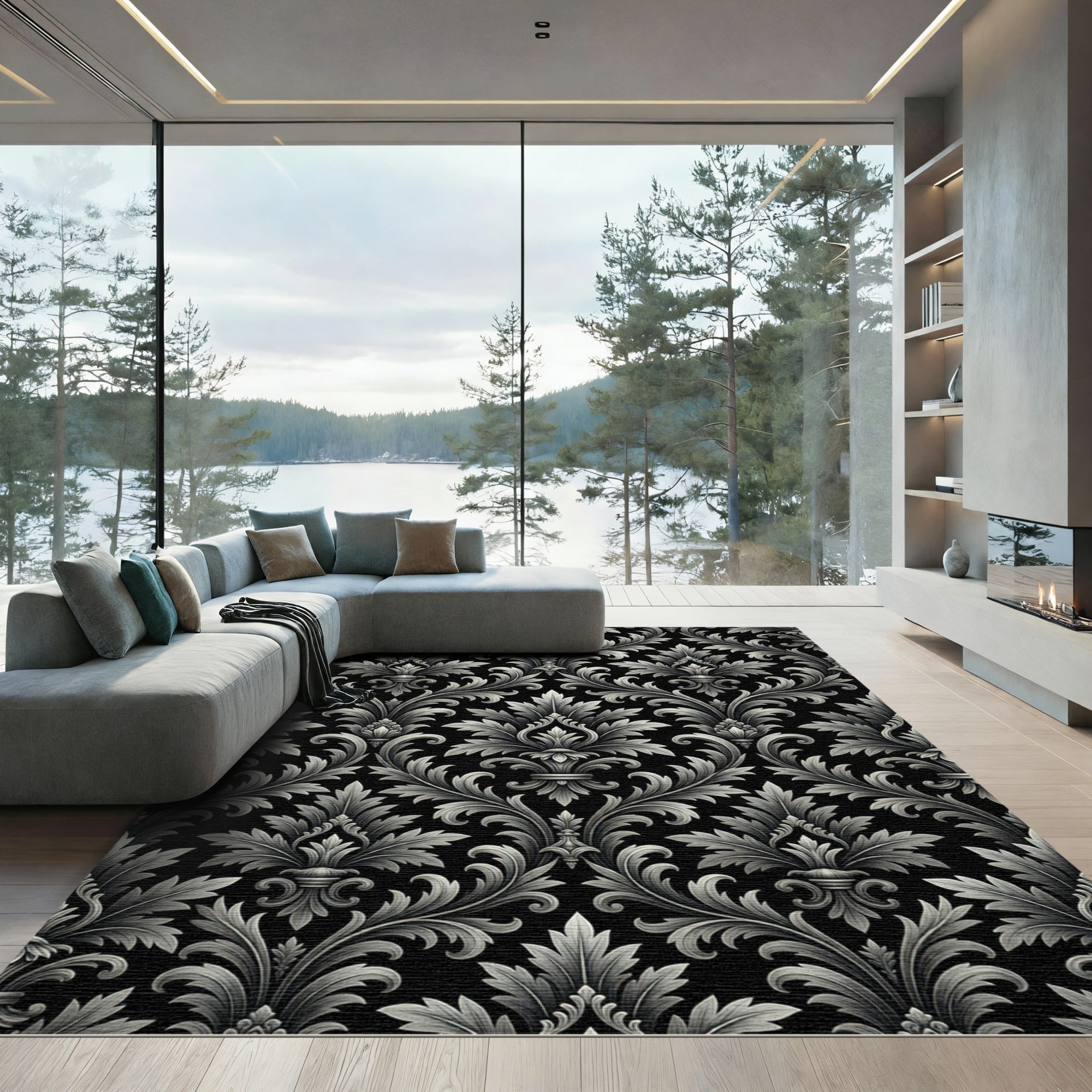 Classic Black Silver Acanthus Leaf Rug